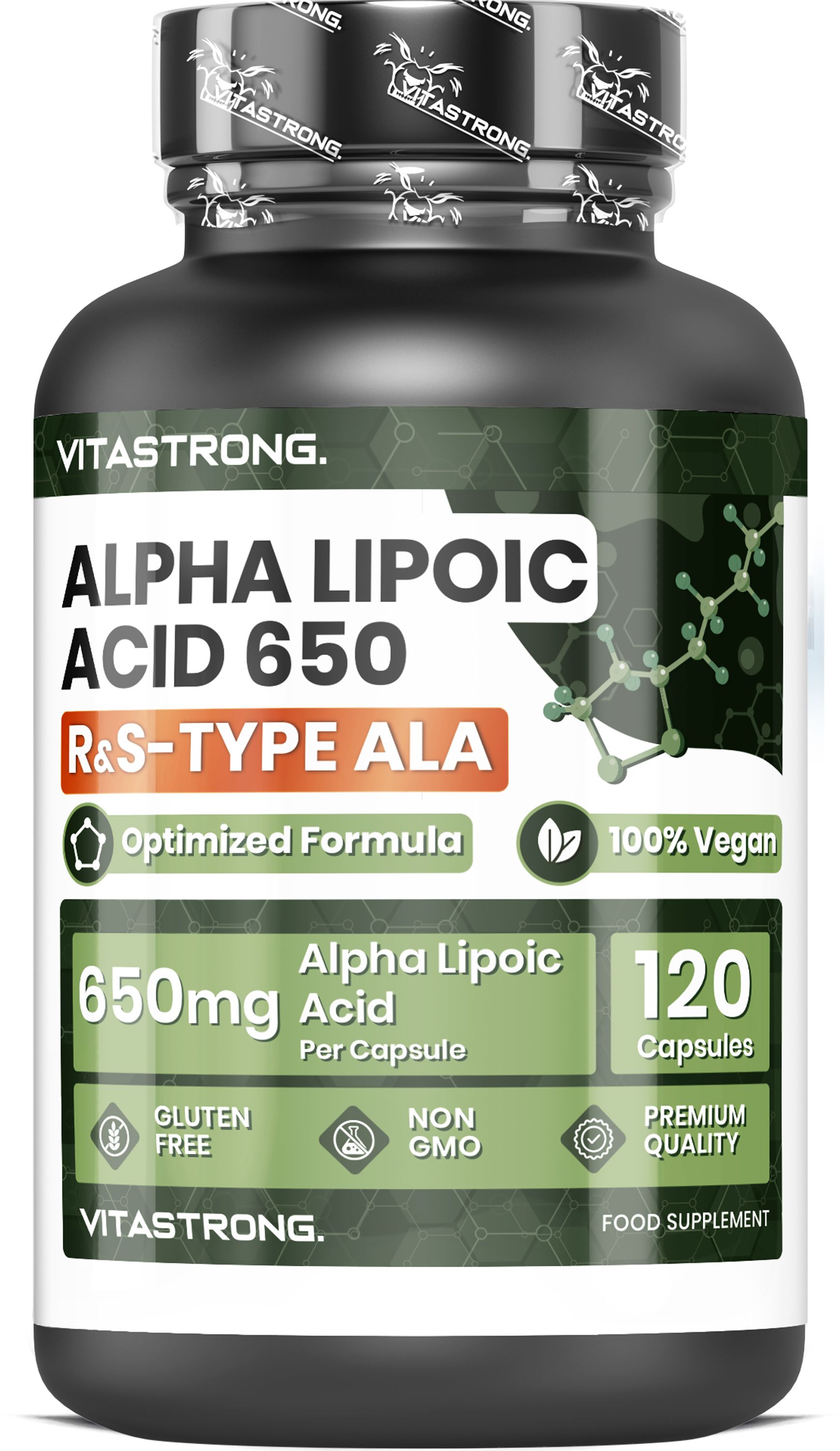 Vitastrong Acide Alpha-Lipoïque 650: 120 gélules, formule optimisée, 650mg par gélule.
