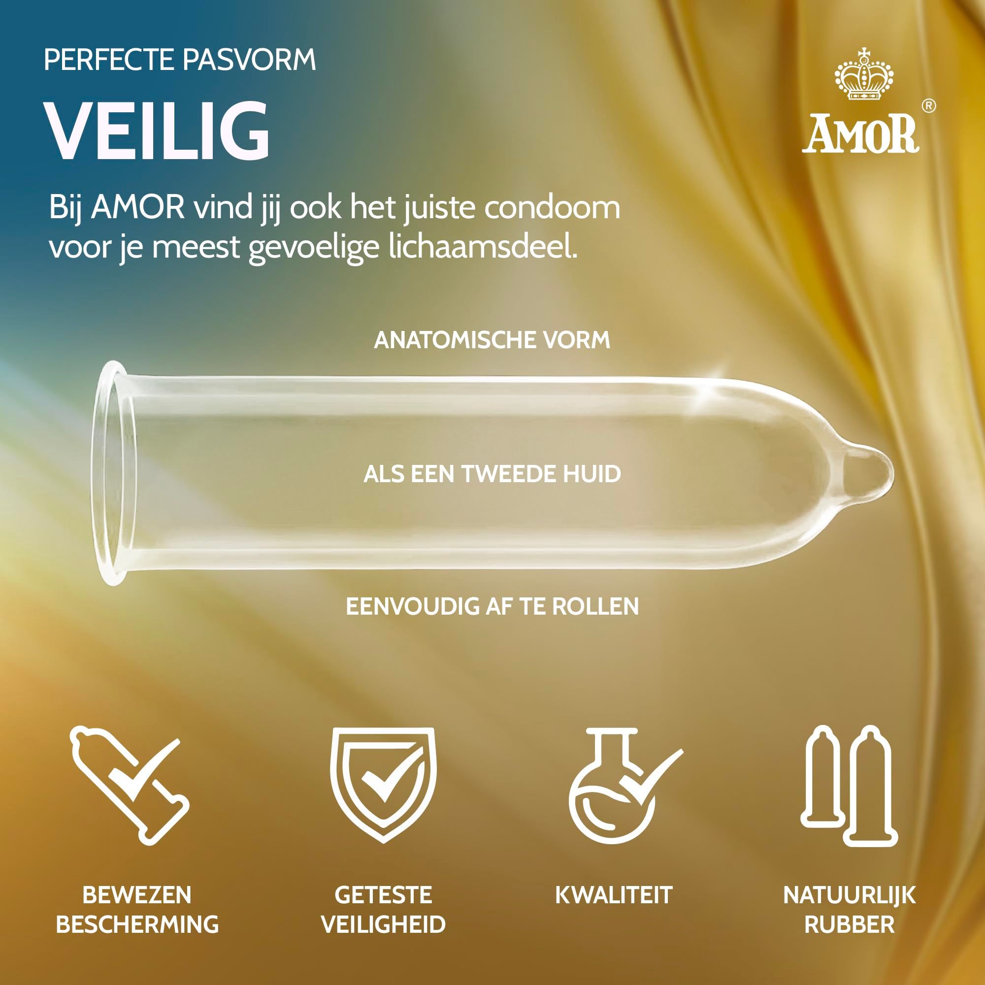 Condoom Amor: anatomische vorm, als een tweede huid, makkelijk af te rollen, bewezen bescherming, veiligheid, kwaliteit, natuurrubber.