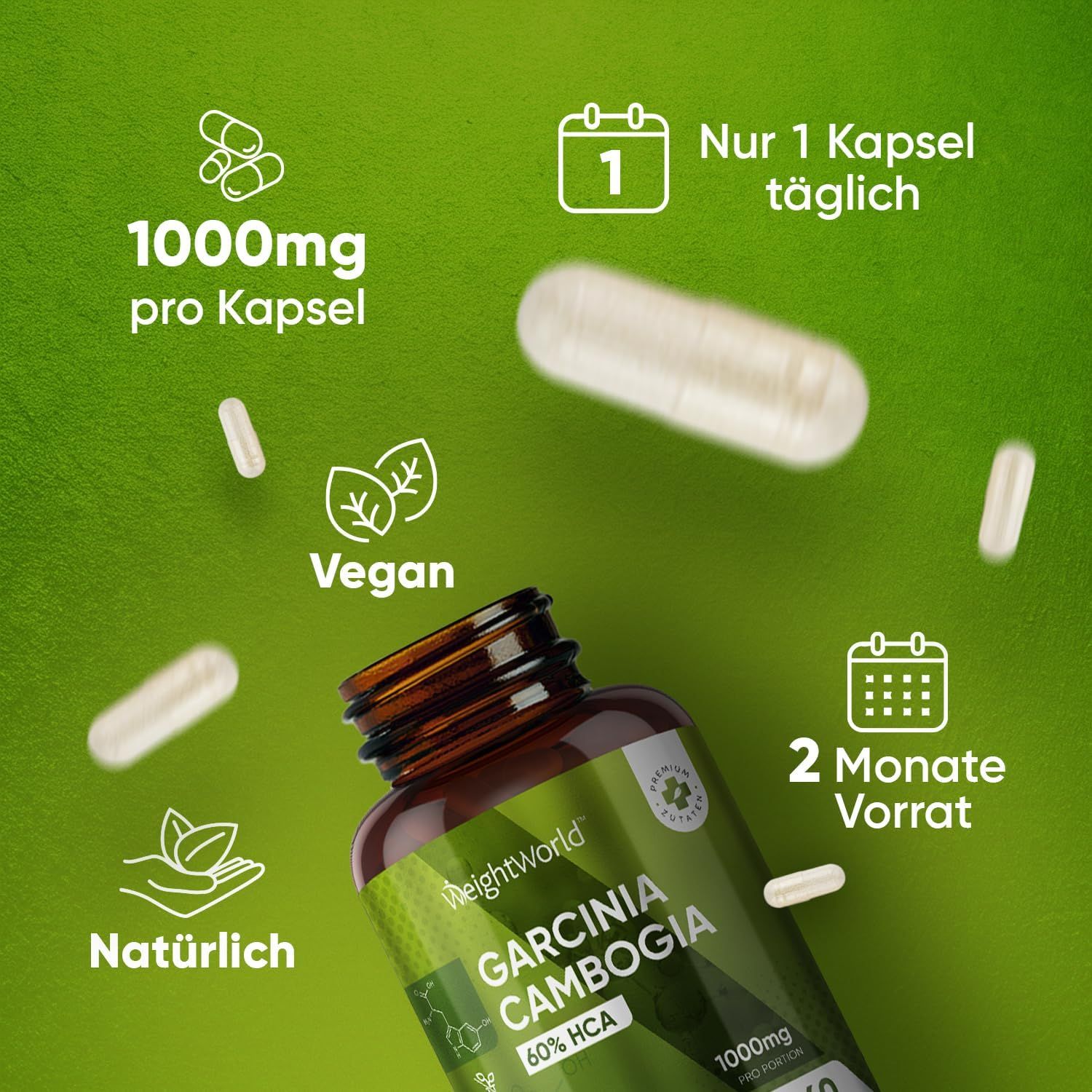 WeightWorld Garcinia Cambogia: 1000mg per capsule, vegan, natuurlijk, 2 maanden voorraad.