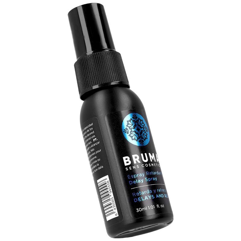 Bruma Delay and Refresh Spray, 30 ml, schuin genomen.