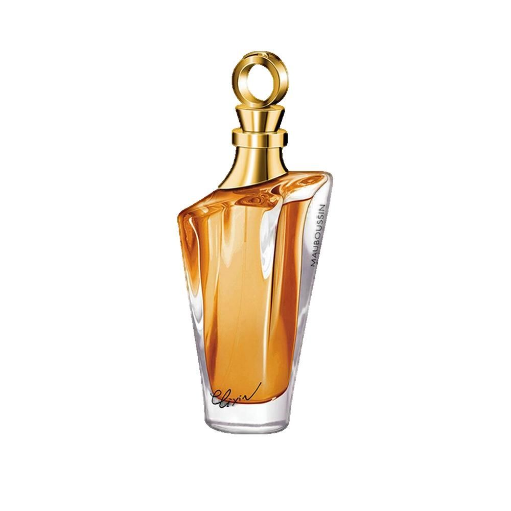 Flacon de parfum. Bouchon doré. Flacon avec contenu doré. Inscription Mauboussin.