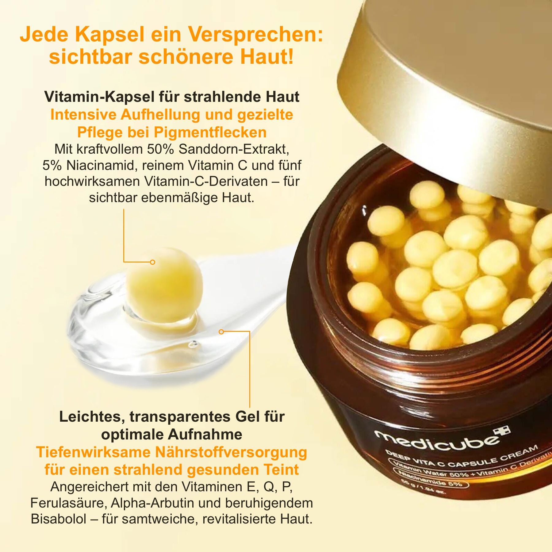 Pot ouvert avec crème et capsules jaunes. Cuillère avec une capsule. Texte : Capsule de vitamine pour une peau éclatante.