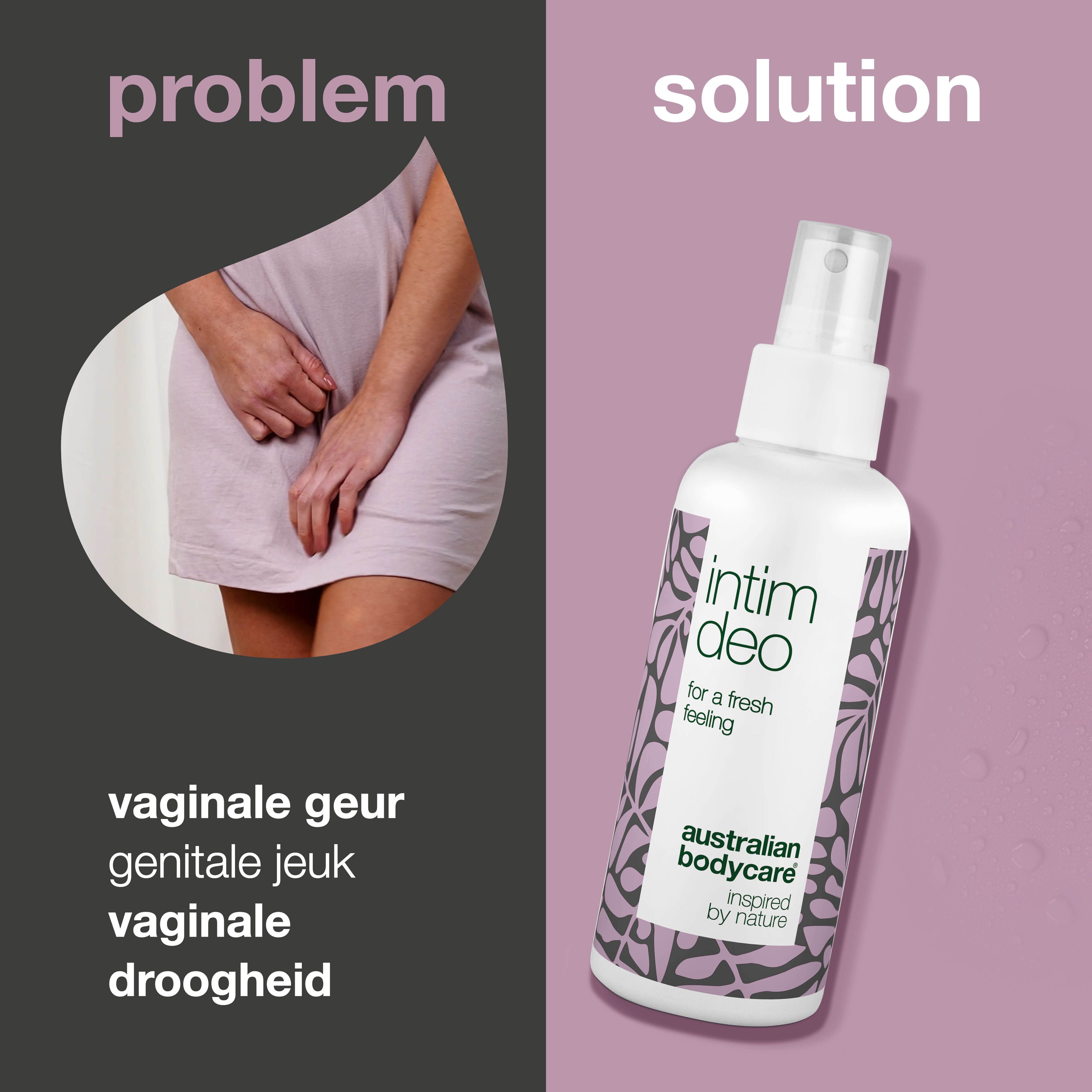 Product- en oplossingsadvertentie. Intieme deo spray. Tekst: vaginale geur, genitale jeuk, vaginale droogheid.