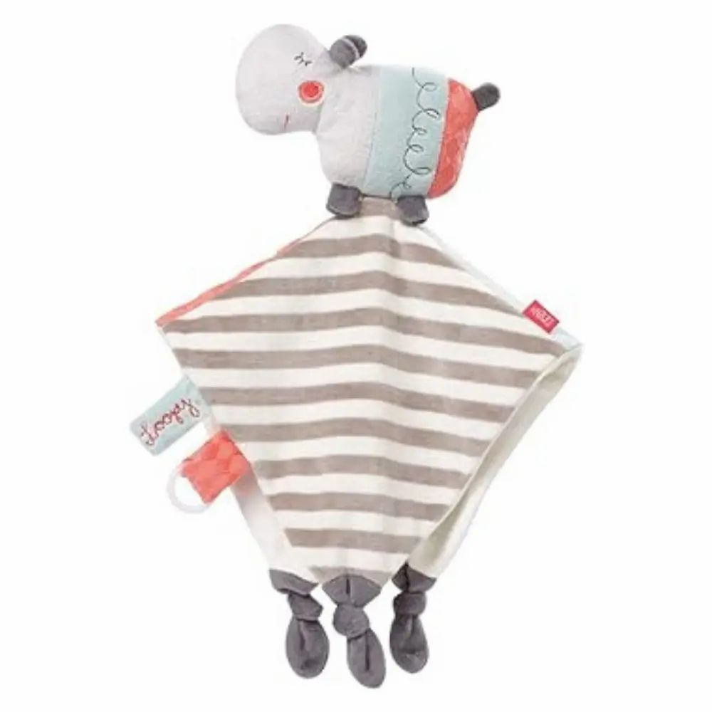 Doudou hippopotame. Tissu à rayures, nœuds gris aux coins. Accents roses et bleus.