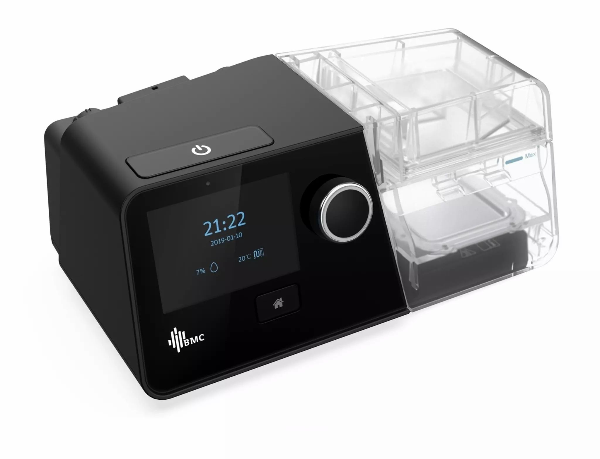 Zwart BMC G3 A20 Auto-CPAP-apparaat met display, draaiknop en waterreservoir. Toont tijd en datum. BMC-logo.