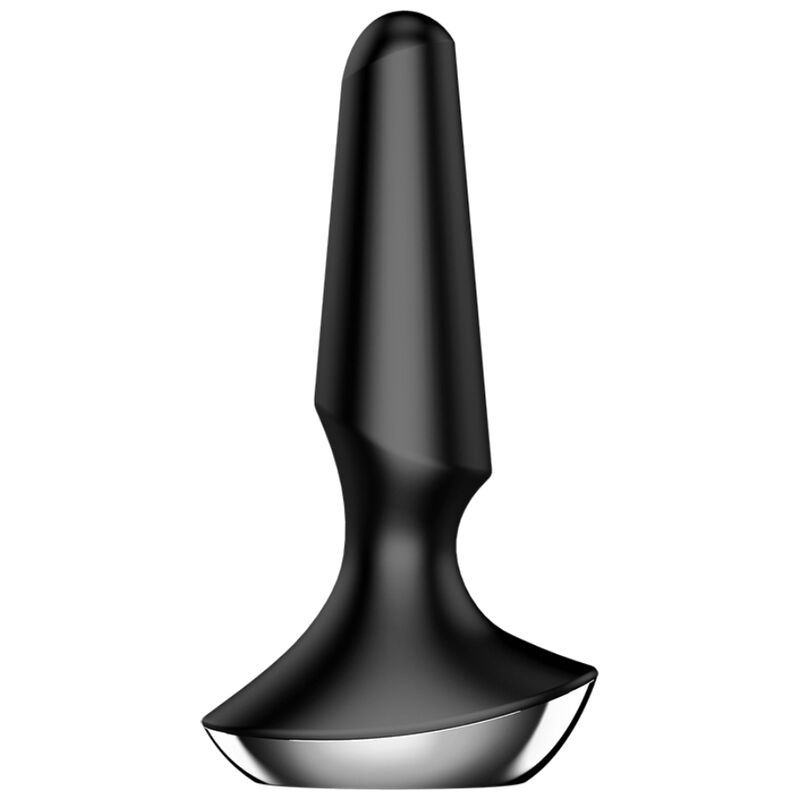 Vibrateur anal noir avec base large et plate et bord argenté. Forme ergonomique avec extrémité effilée.