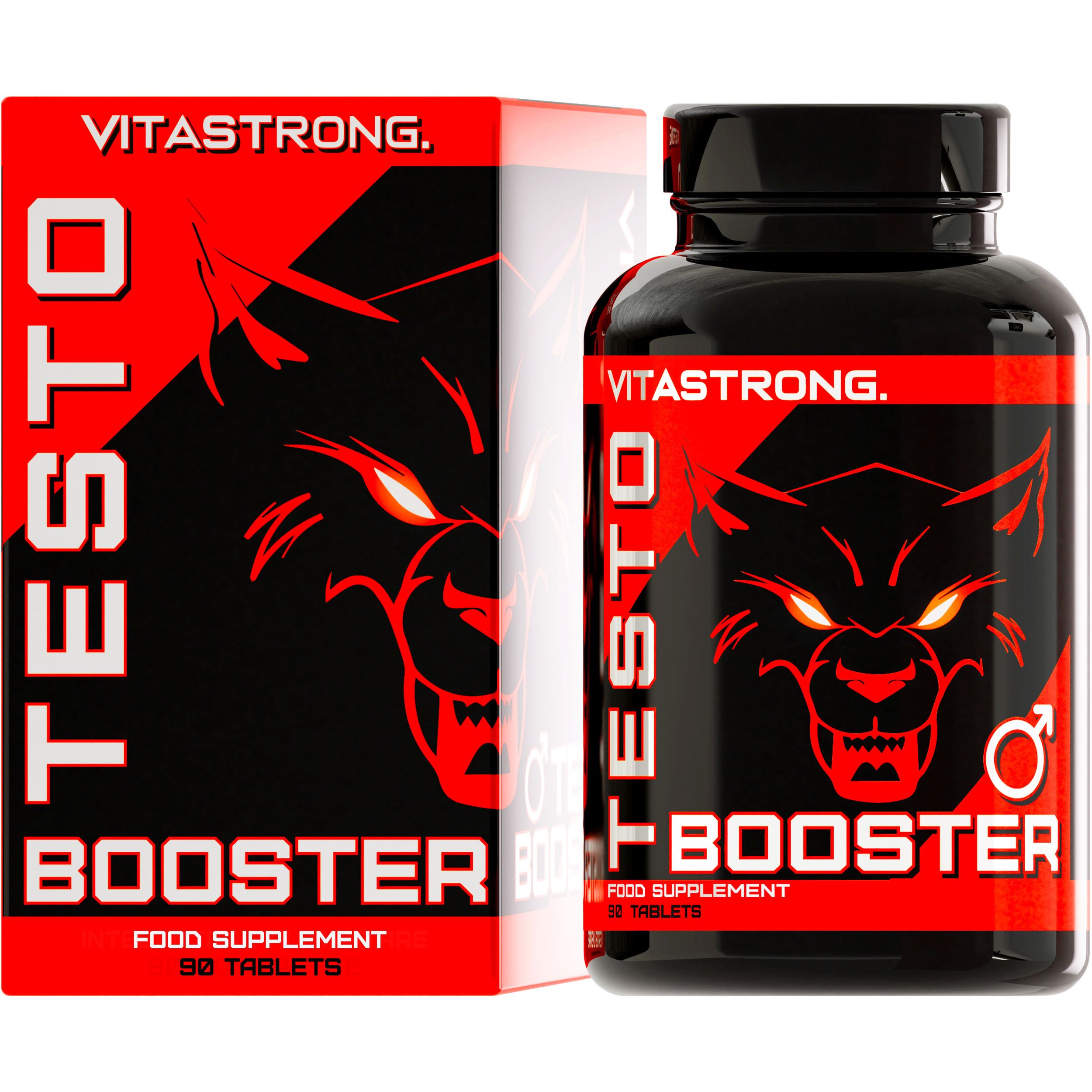 Vitastrong Testobooster, complément alimentaire en flacon et boîte noirs. Palette de couleurs rouge et noir.