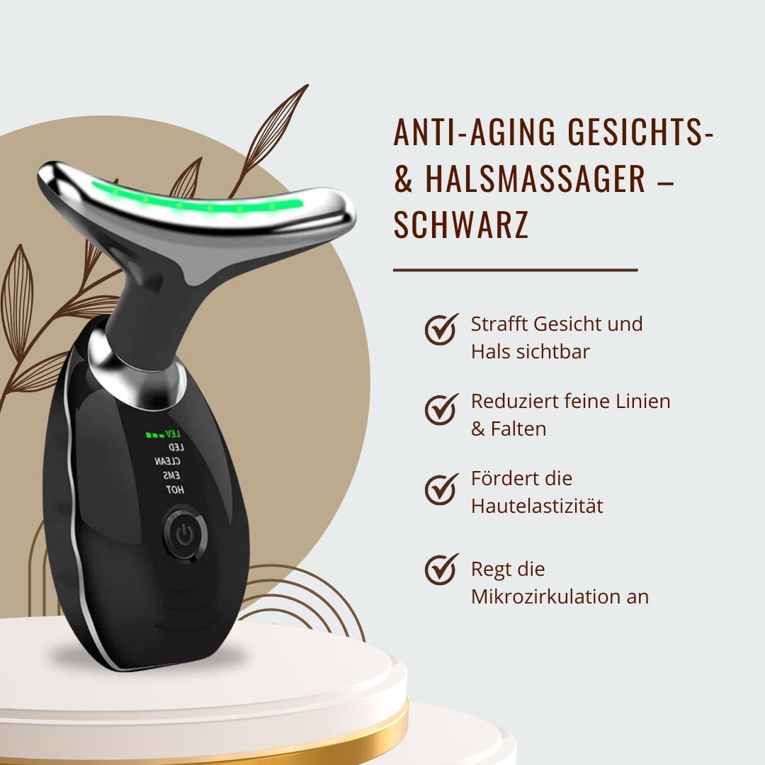 Zwarte gezichts- en nekmassager met zilveren punt en groene LED-indicator. Tekst somt voordelen op.