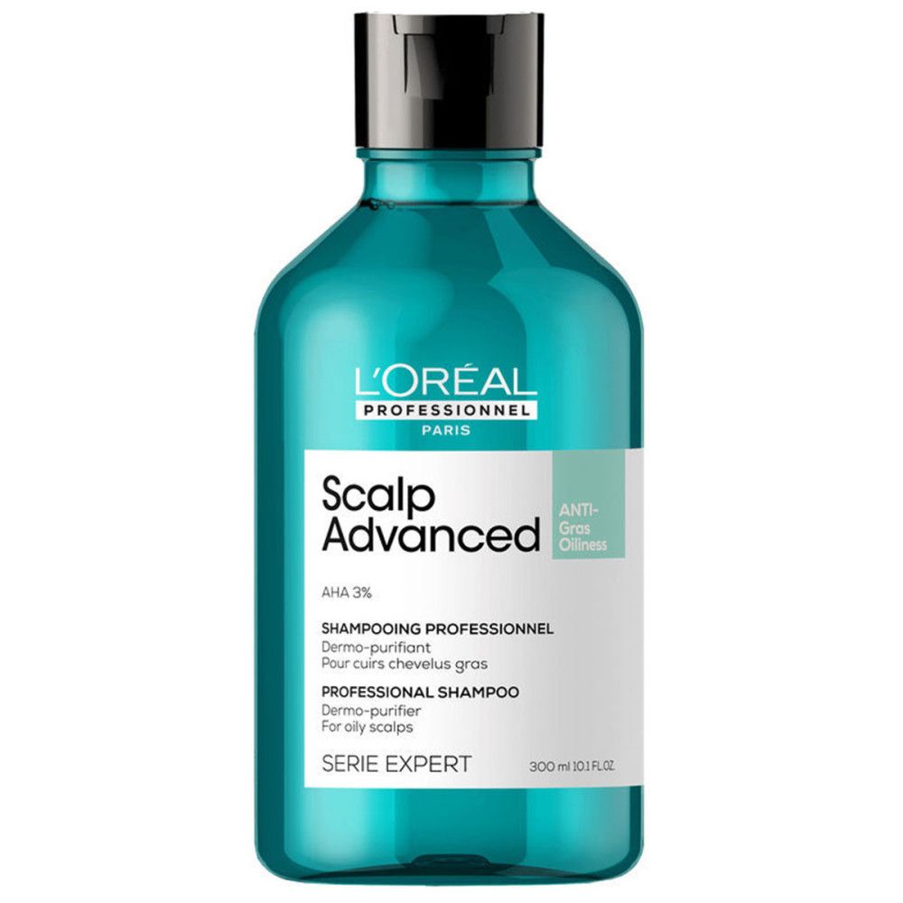 Flacon de shampooing turquoise avec bouchon noir. Inscription : L'Oréal Professionnel, Scalp Advanced, Anti-oleosità, Serie Expert.