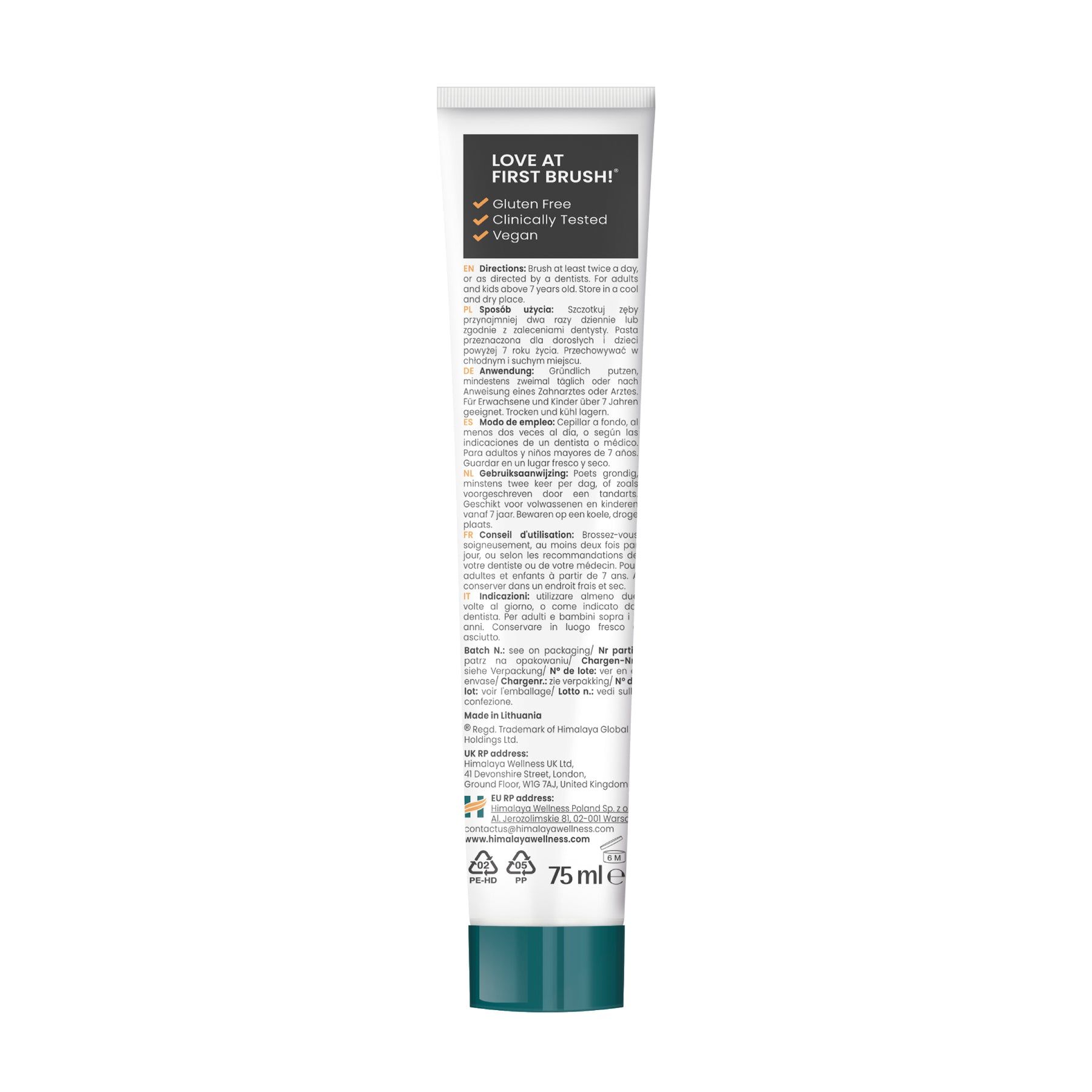 Himalaya Botanique tandpastatube met informatie en ingrediëntenlijst.