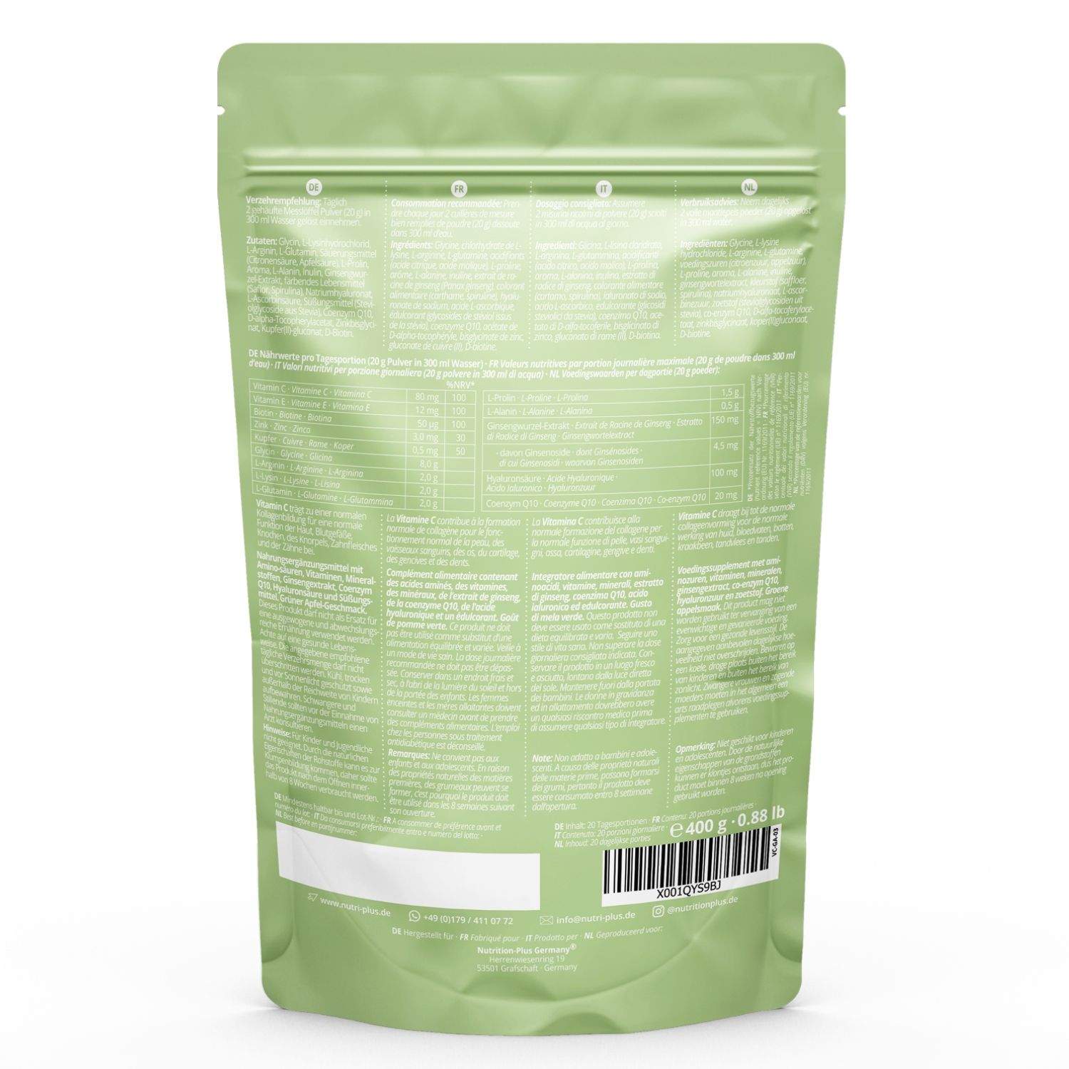 Dos d'un sachet vert. Texte : informations nutritionnelles, ingrédients, informations fabricant. 400 g.