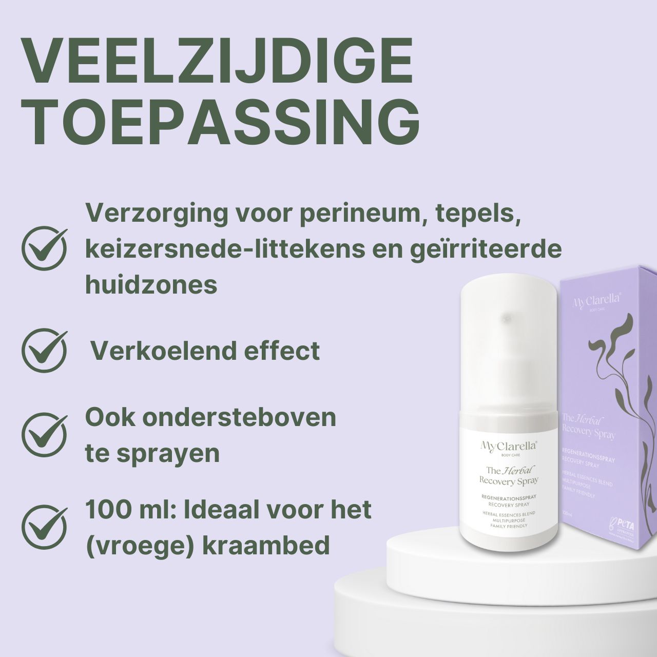 Sprayfles en doos. Verzorging voor perineum, tepels, keizersnede-littekens en geïrriteerde huidzones. Verkoelend effect. 100 ml.