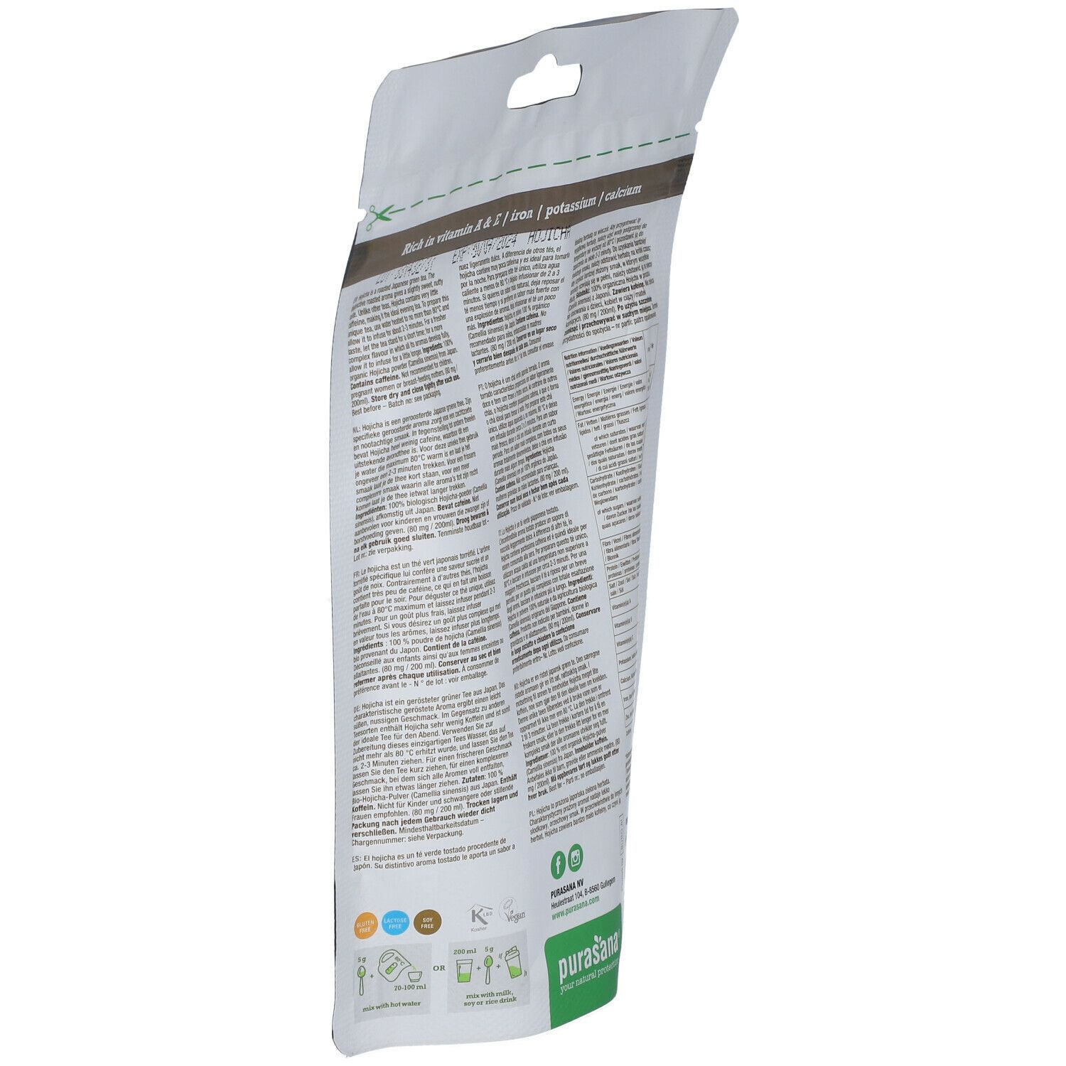 Achterkant van de Hojicha-poederverpakking. Tekst: voedingswaarden, ingrediënten. Logo: purasana®.