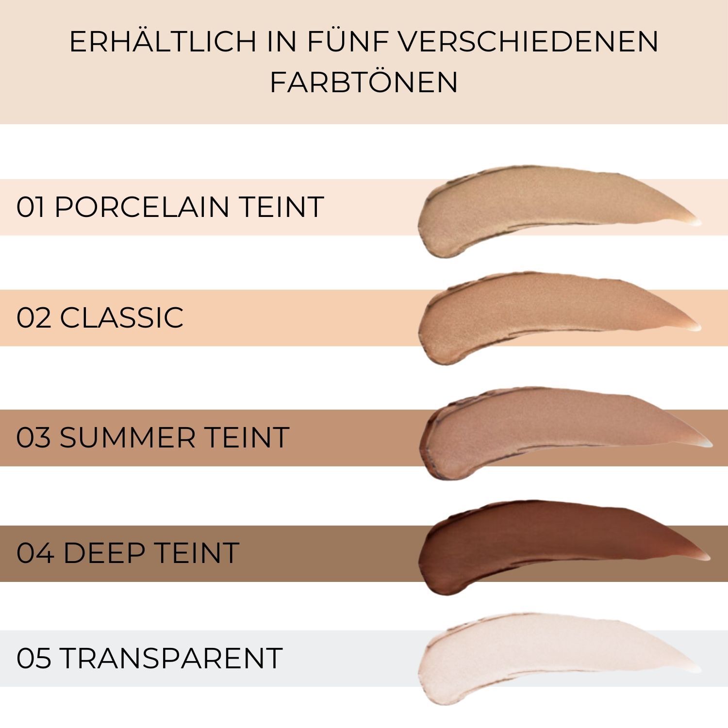 Cinq teintes de M. Asam Magic Finish Make-up. Échantillons de couleurs de clair à foncé : 01 Porcelain Teint, 02 Classic, 03 Summer Teint, 04 Deep Teint, 05 Transparent.