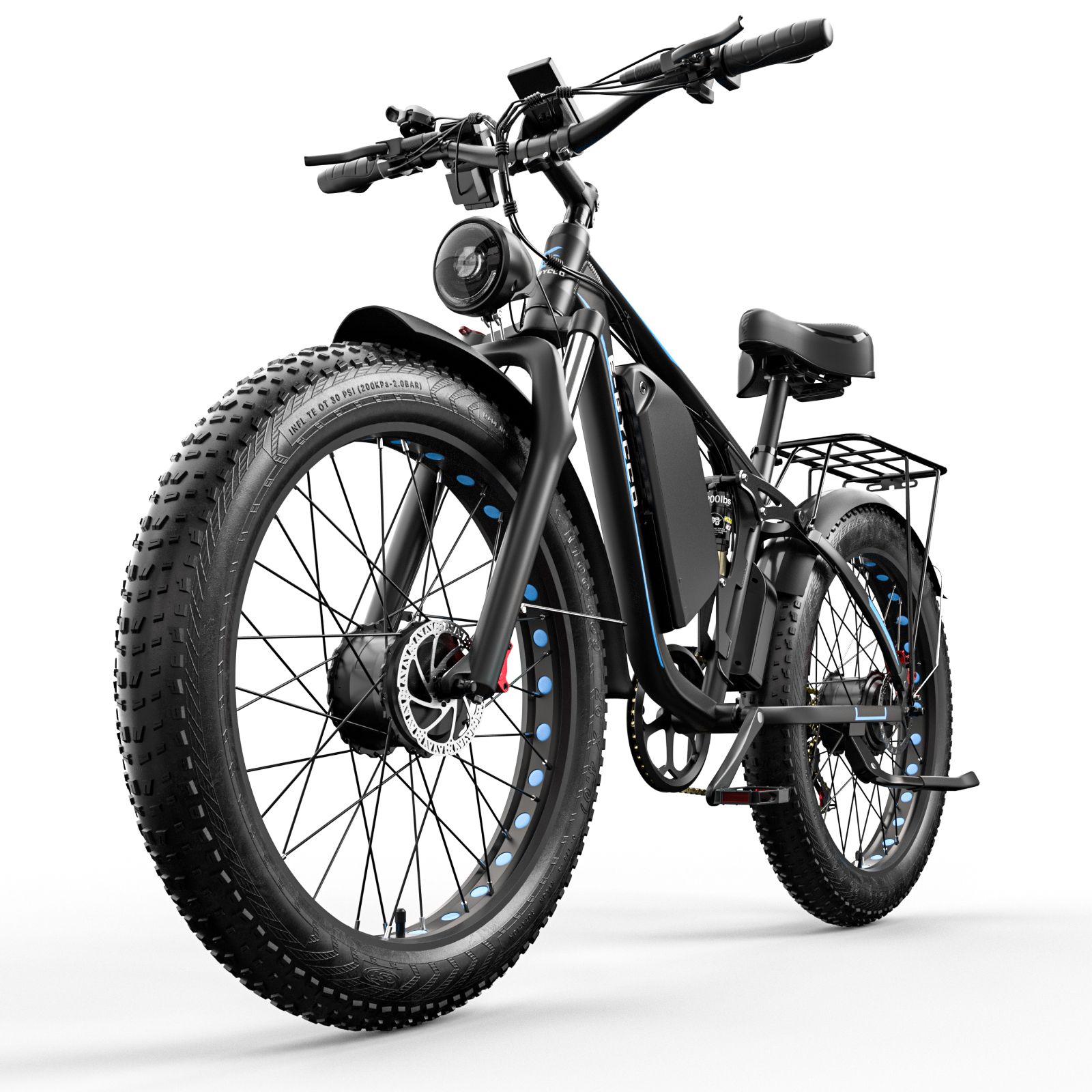 Zwarte e-bike met brede banden. Zijaanzicht. Bagagerek, batterij, zadel, CST BFT-banden.