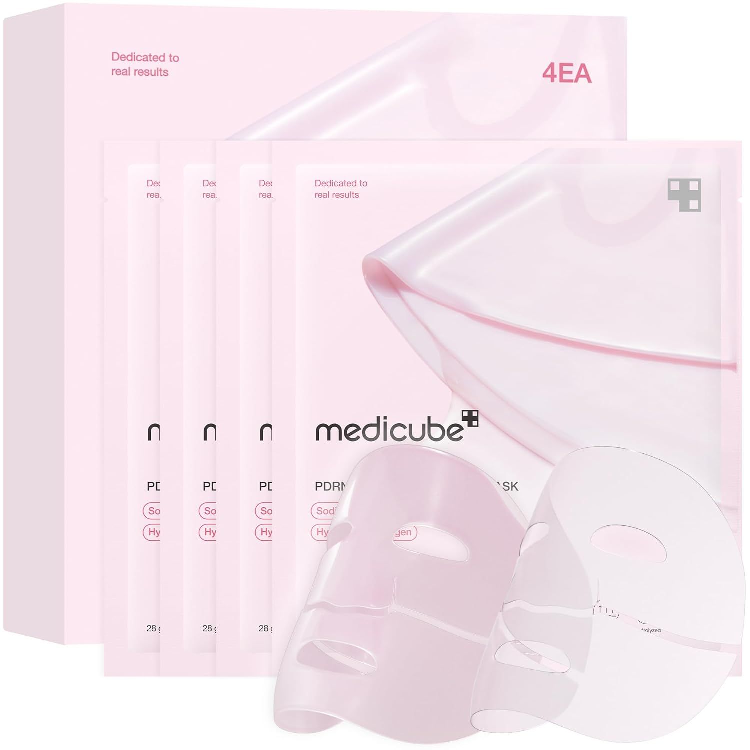 Emballage rose avec masques faciaux. Texte : Dedicated to real results, medicube, PDRN PINK COLLAGEN GEL MASK.