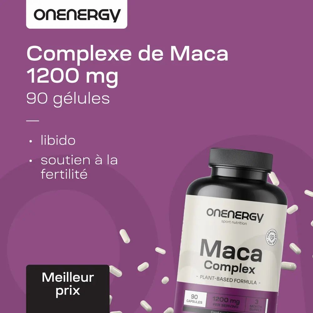 Complexe de Maca 1200 mg, 90 gélules. Texte: Libido, soutien à la fertilité. Logo OnEnergy.