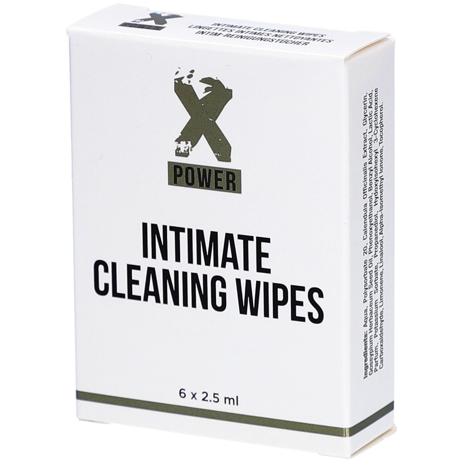 Boîte de lingettes nettoyantes intimes X Power. 6 x 2,5 ml. Contient des ingrédients comme le calendula et l'hamamélis.