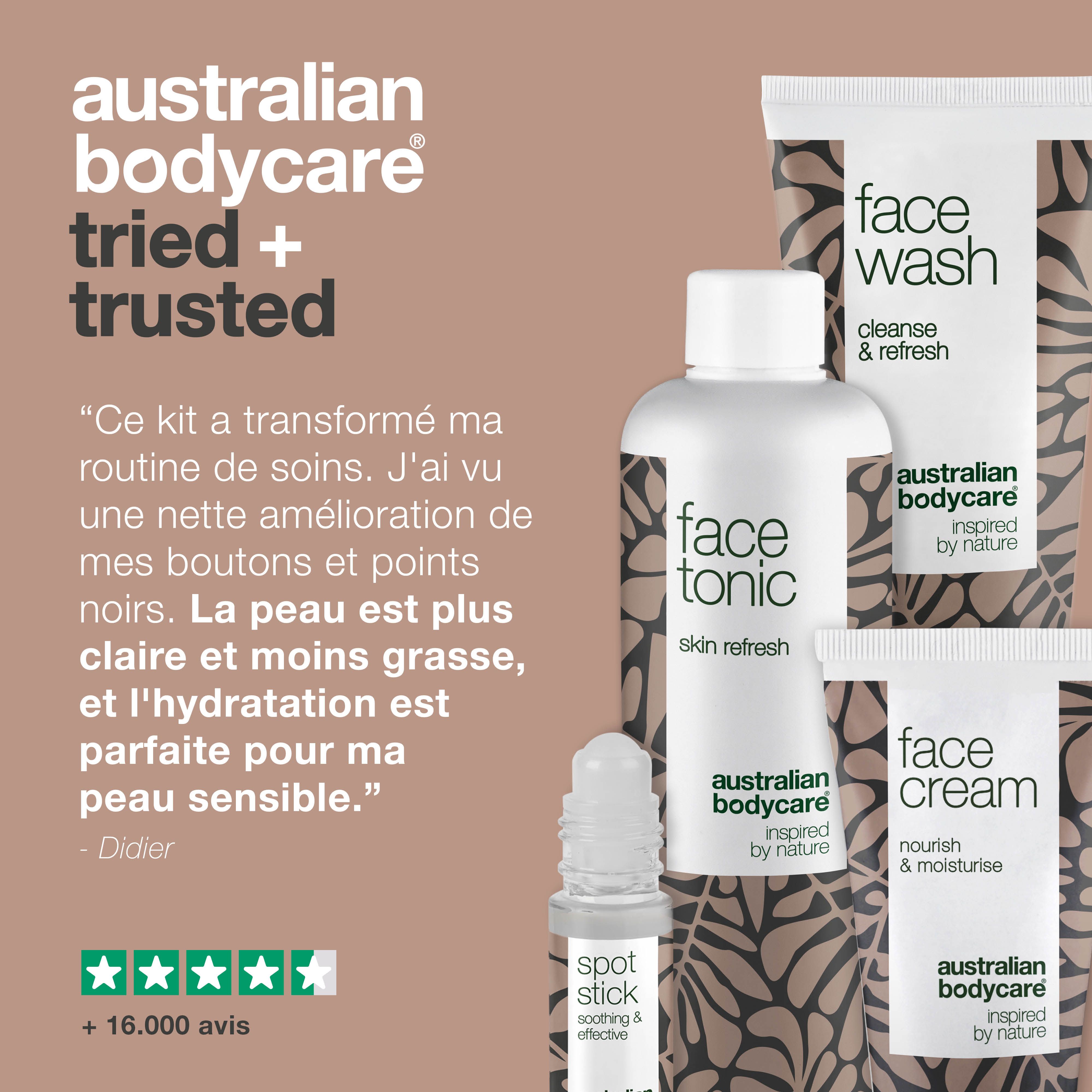 Quatre produits : Face Wash, Face Tonic, Face Cream et Spot Stick. Texte : Testé et approuvé. Plus de 16 000 avis.