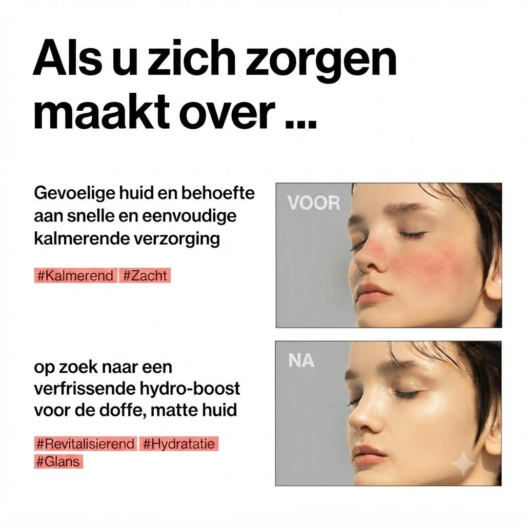 Voor-en-na vergelijking van een vrouw met rode huid (voor) en stralende huid (na).