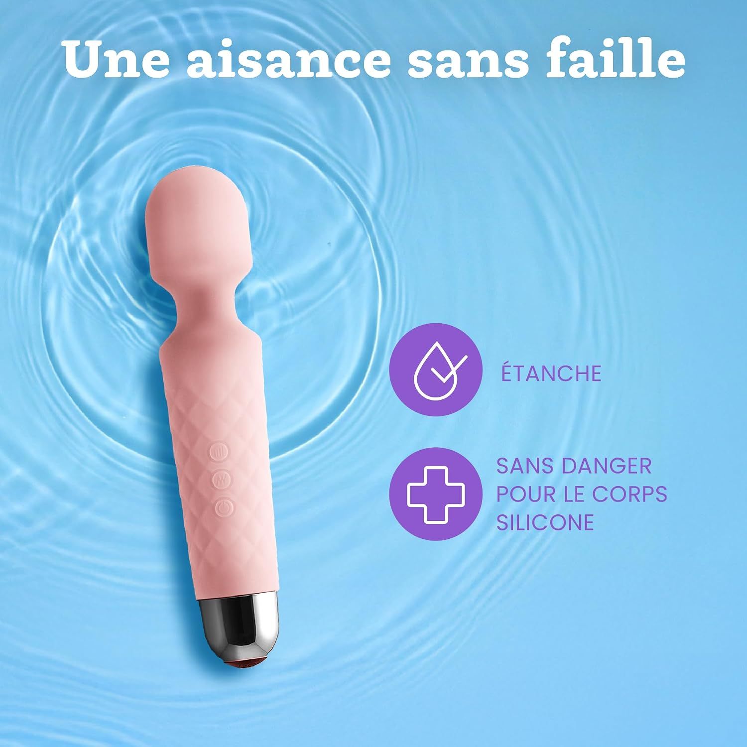 Un vibromasseur rose avec manche texturé et embout métallique. Étanche et en silicone sans danger pour le corps.