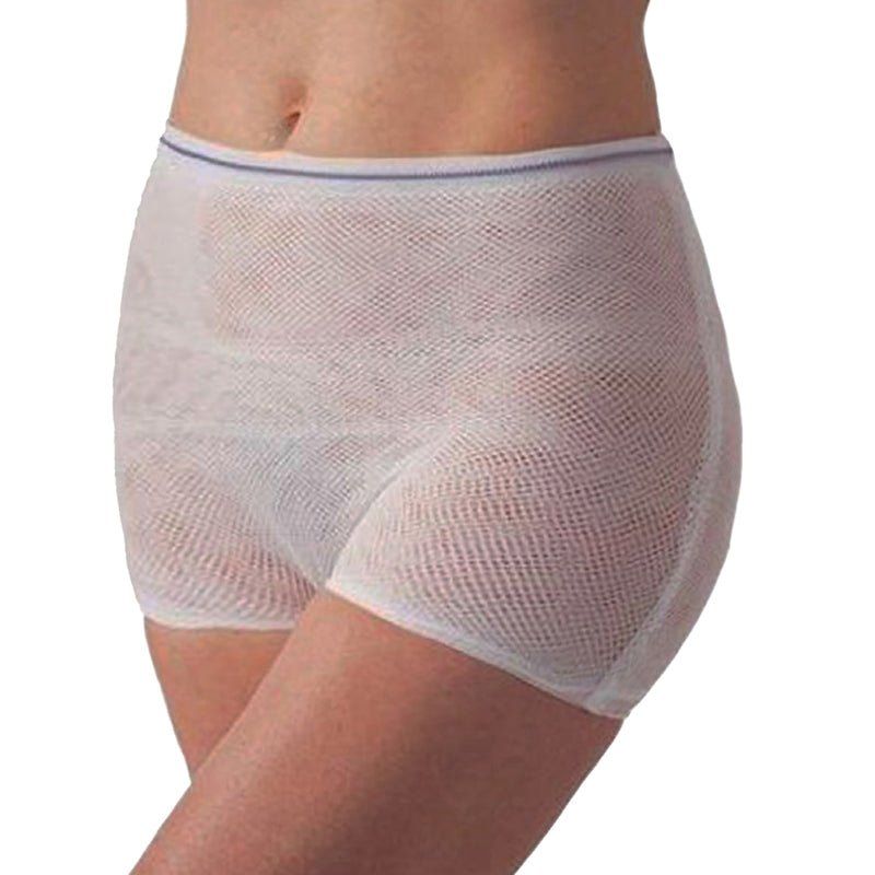 Witte postpartum netbroek, gedragen. Korte vorm, hoge taille, blauwe lijn. Zijaanzicht.