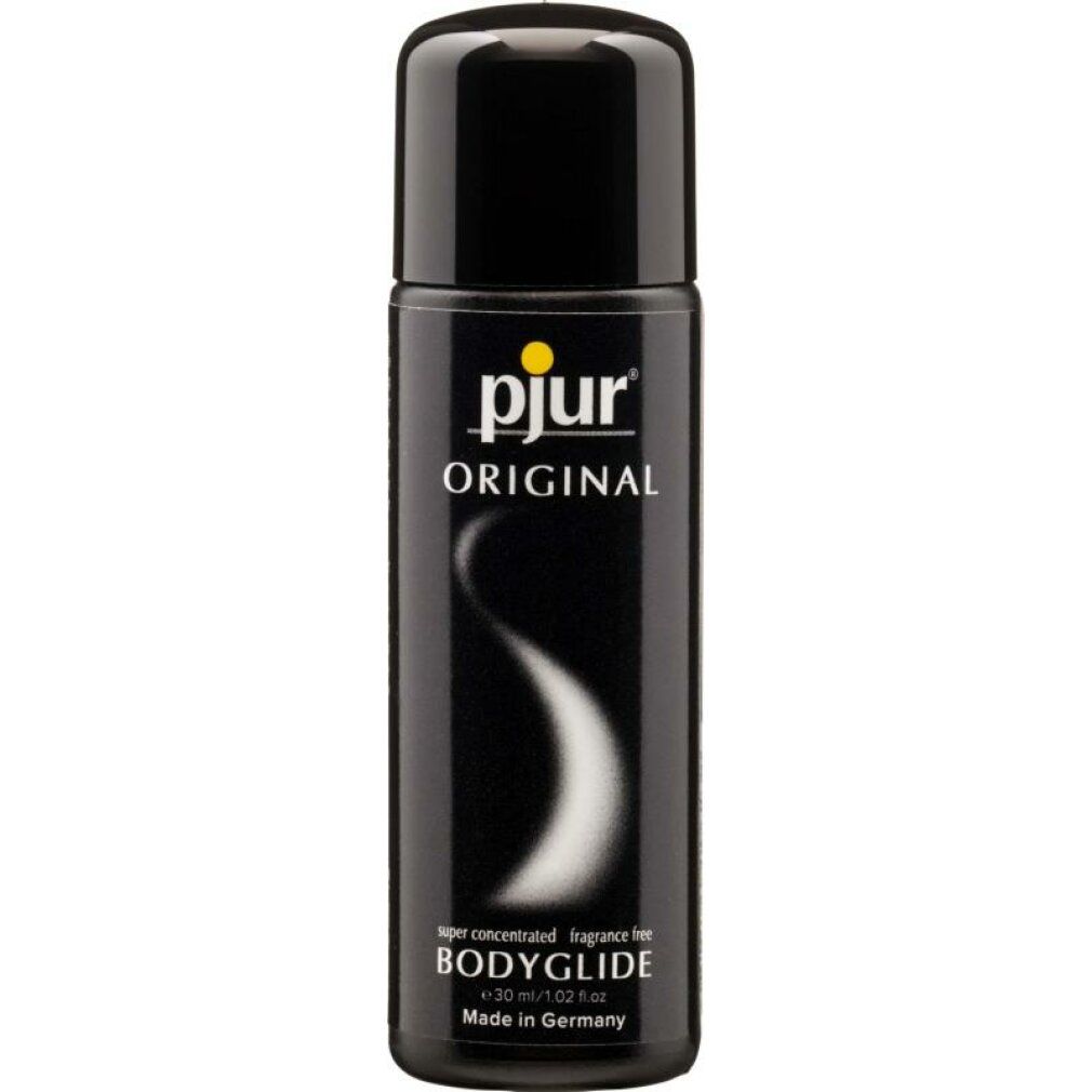 Zwarte fles met zwarte dop. Opschrift: pjur BODYGLIDE, met witte druppel. Tekst: super concentrated, fragrance free.