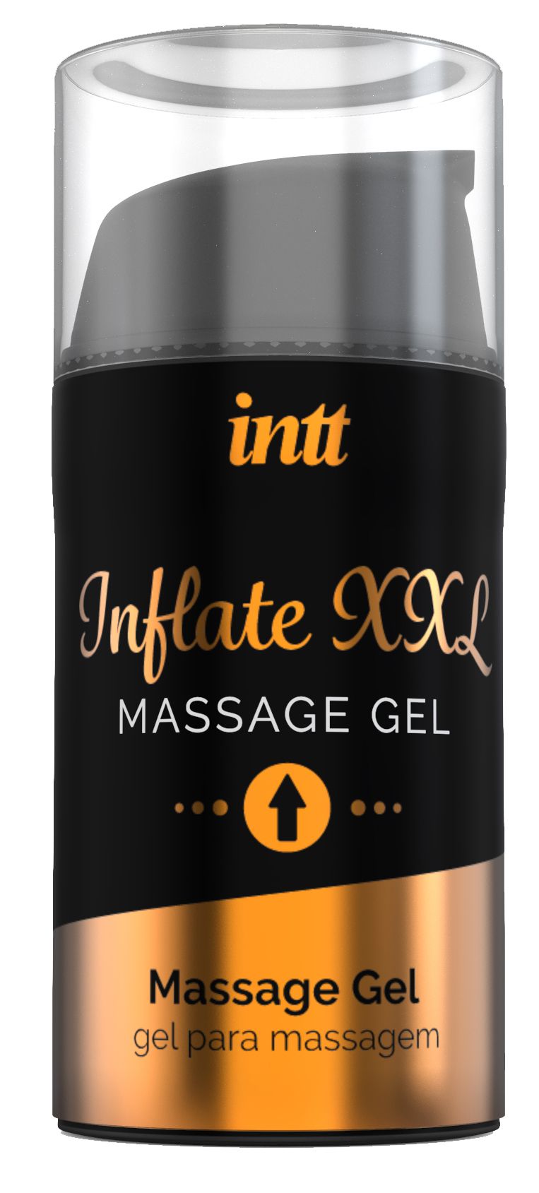 Cilindrische fles met zwart etiket. Opschrift: INTT Inflate XXL Massage Gel. Gouden accenten.