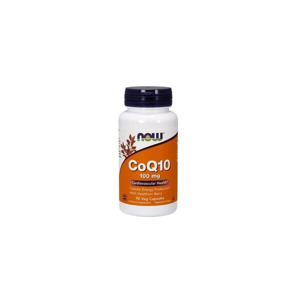 Flacon blanc avec bouchon noir. Étiquette orange avec texte: CoQ10 100 mg. Marque: now. Contient 90 gélules végétales.