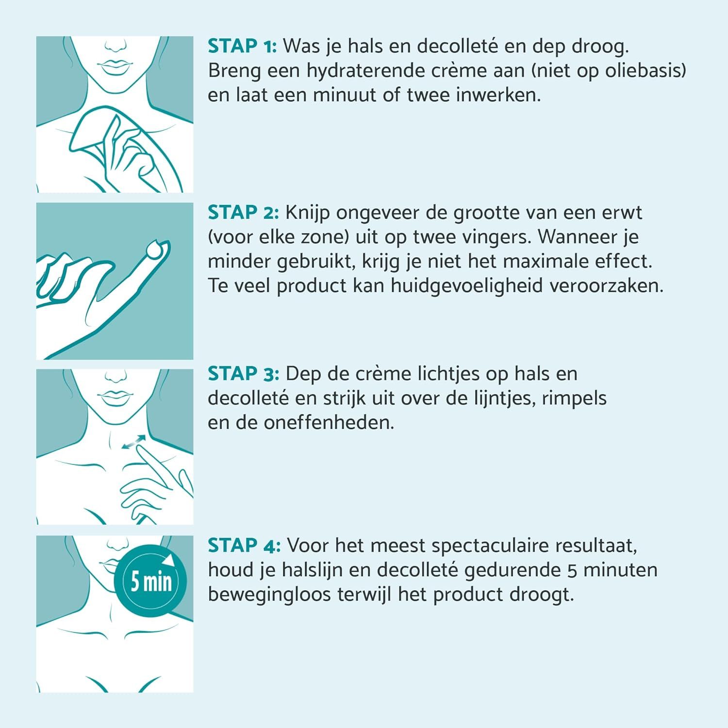Stapsgewijze instructies voor het aanbrengen van crème op hals en decolleté, gericht op rimpels en oneffenheden.