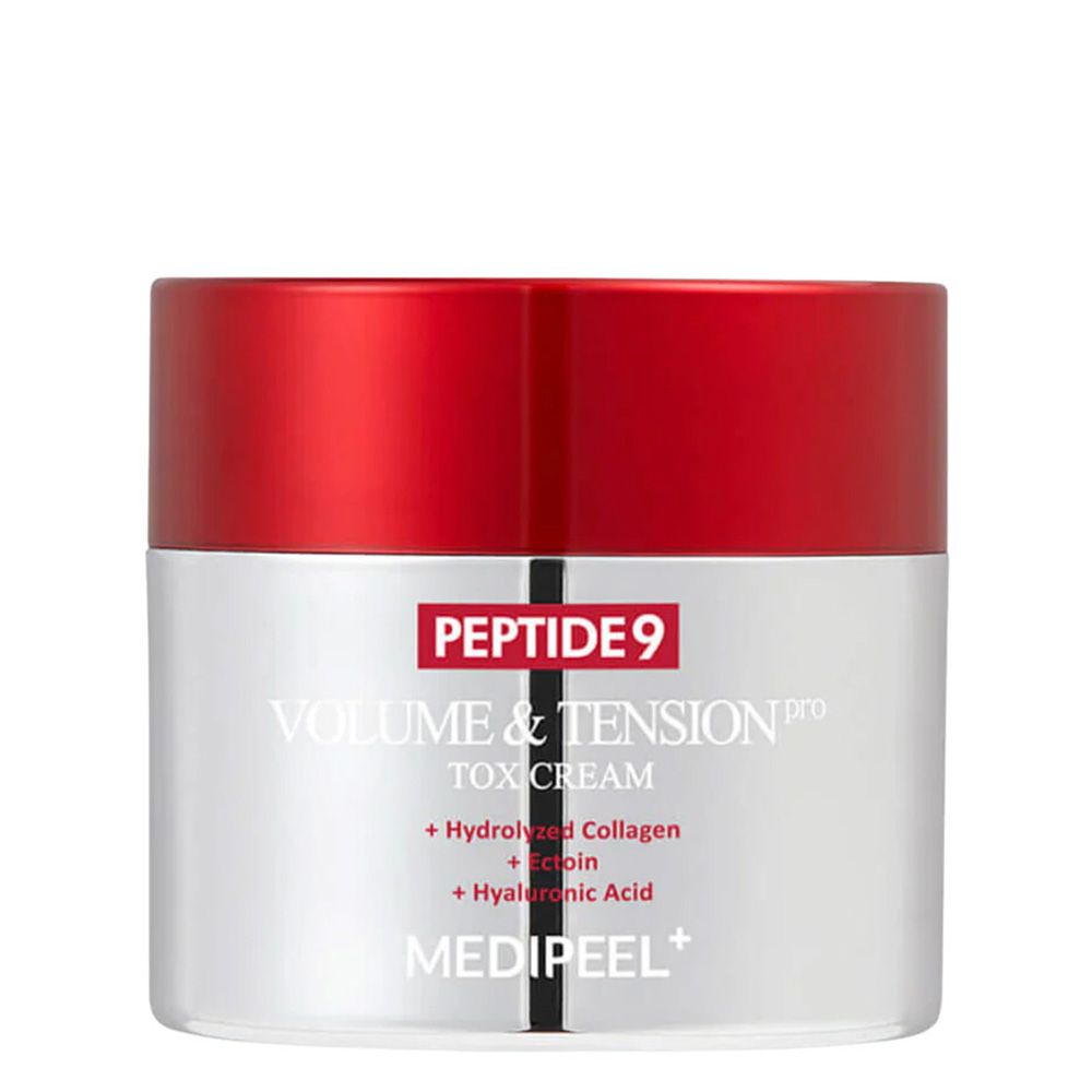 Crème pot met rode deksel en zilveren body. Tekst: PEPTIDE 9 VOLUME & TENSION PRO TOX CREAM.