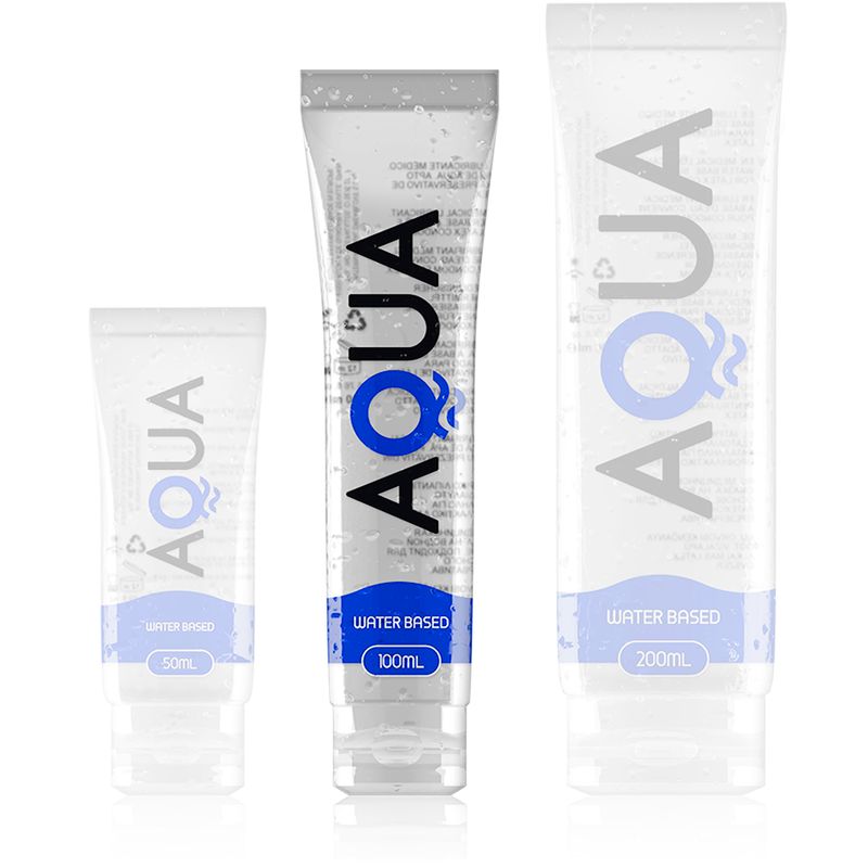Trois tubes de lubrifiant AQUA de différentes tailles : 50ml, 100ml et 200ml.