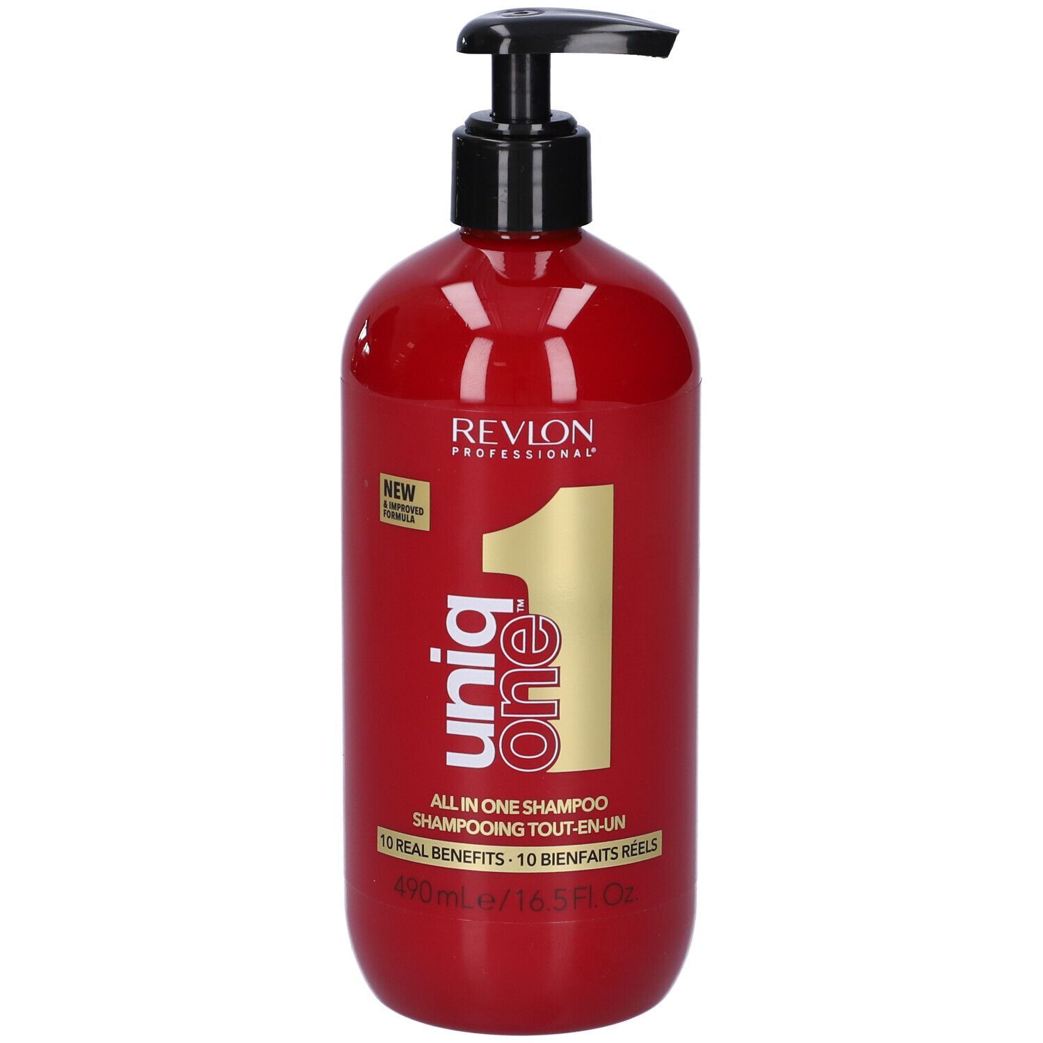 Flacon de shampooing rouge avec pompe noire. Inscription: Revlon Uniq One. Contient 490 ml.