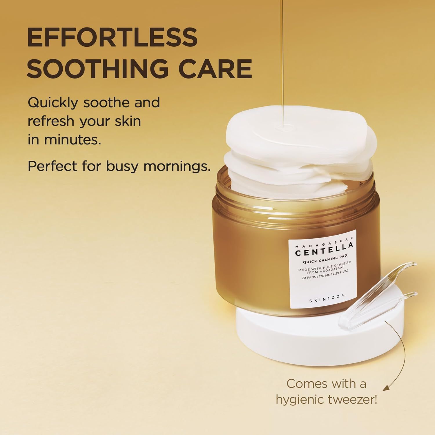 Pot met toner pads en pincet. Tekst: Effortless Soothing Care. Bevat een hygiënisch pincet. Perfect voor drukke ochtenden.