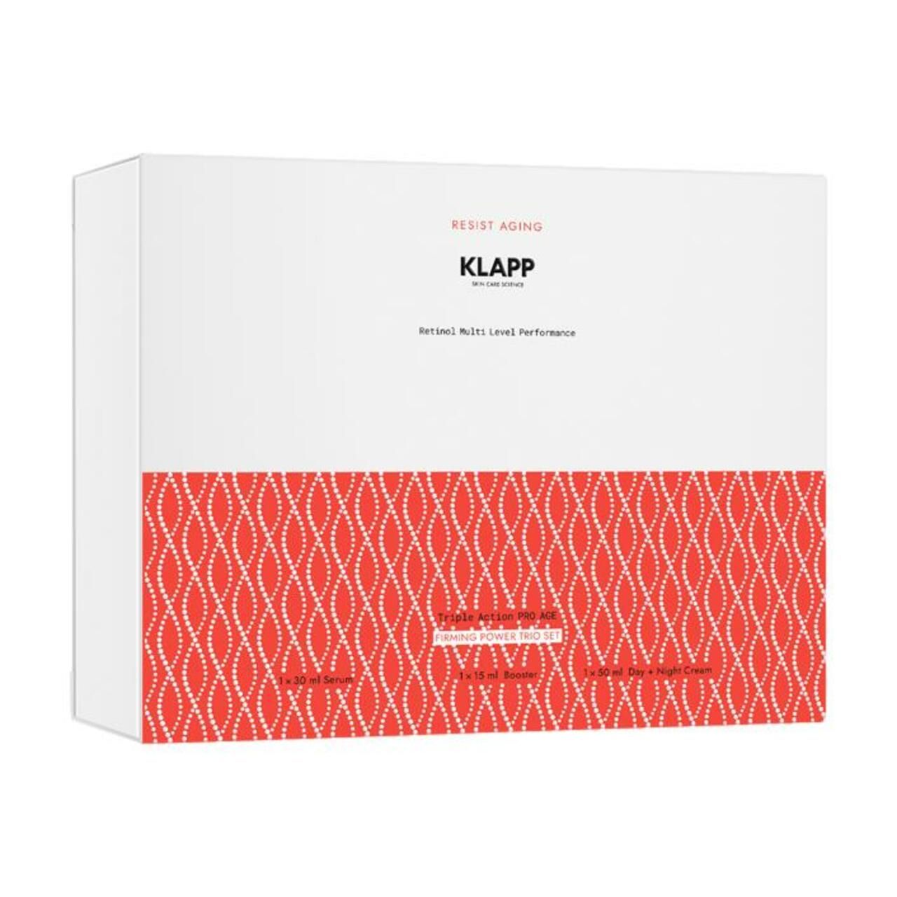 Boîte blanche avec motif rouge. Texte : "RESIST AGING", "KLAPP", et "Retinol Multi Level Performance".
