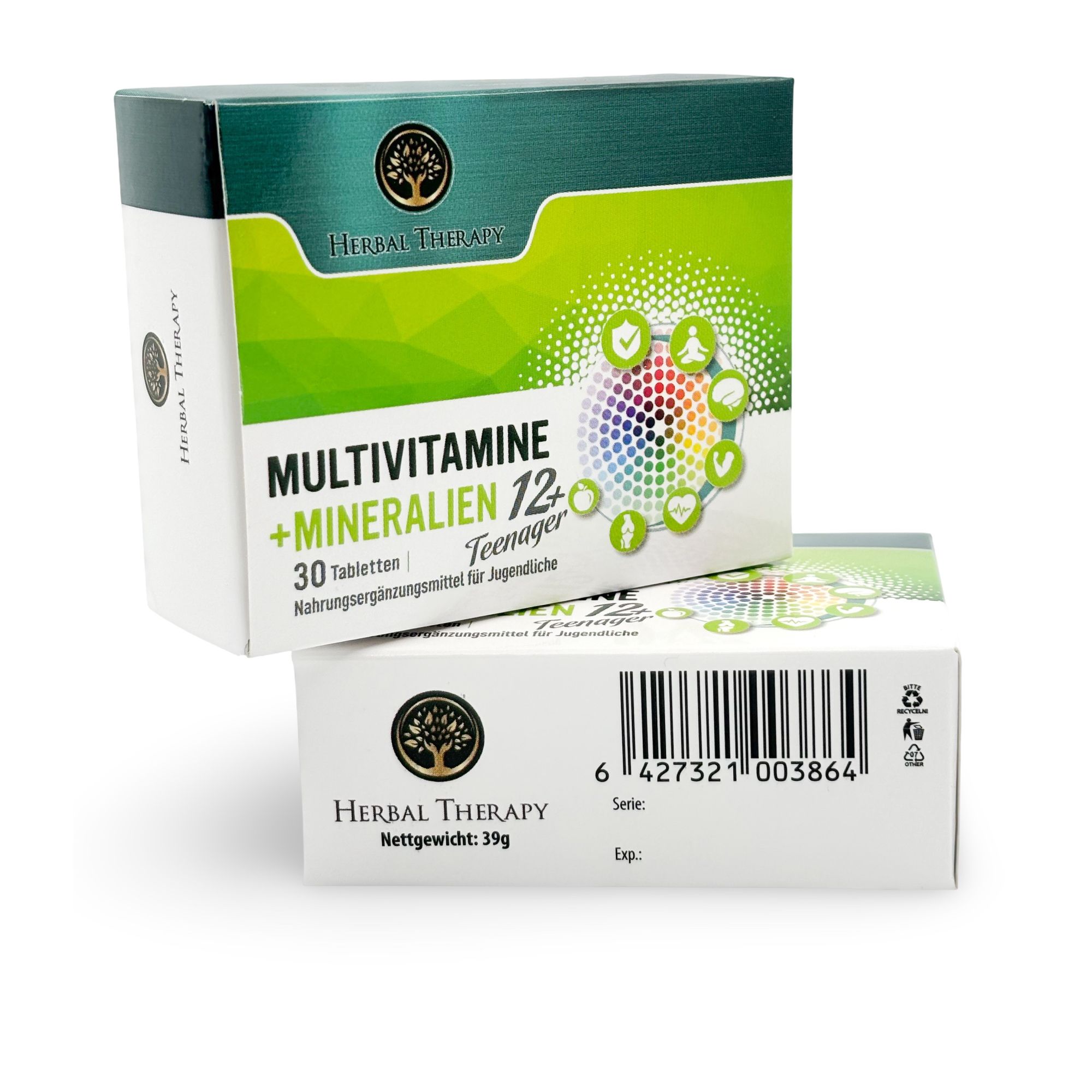 Twee Herbal Therapy Multivitamine + Mineralen 12+ Teenager dozen. Opschrift: Multivitamine + Mineralen 12+. 30 tabletten.