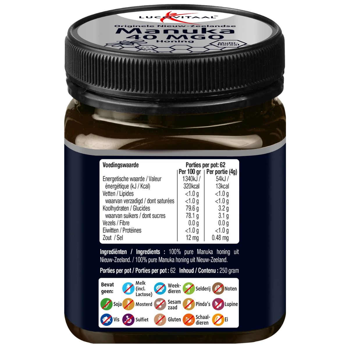Dos du pot de miel avec informations nutritionnelles et liste des ingrédients. Contient des informations sur les allergènes.