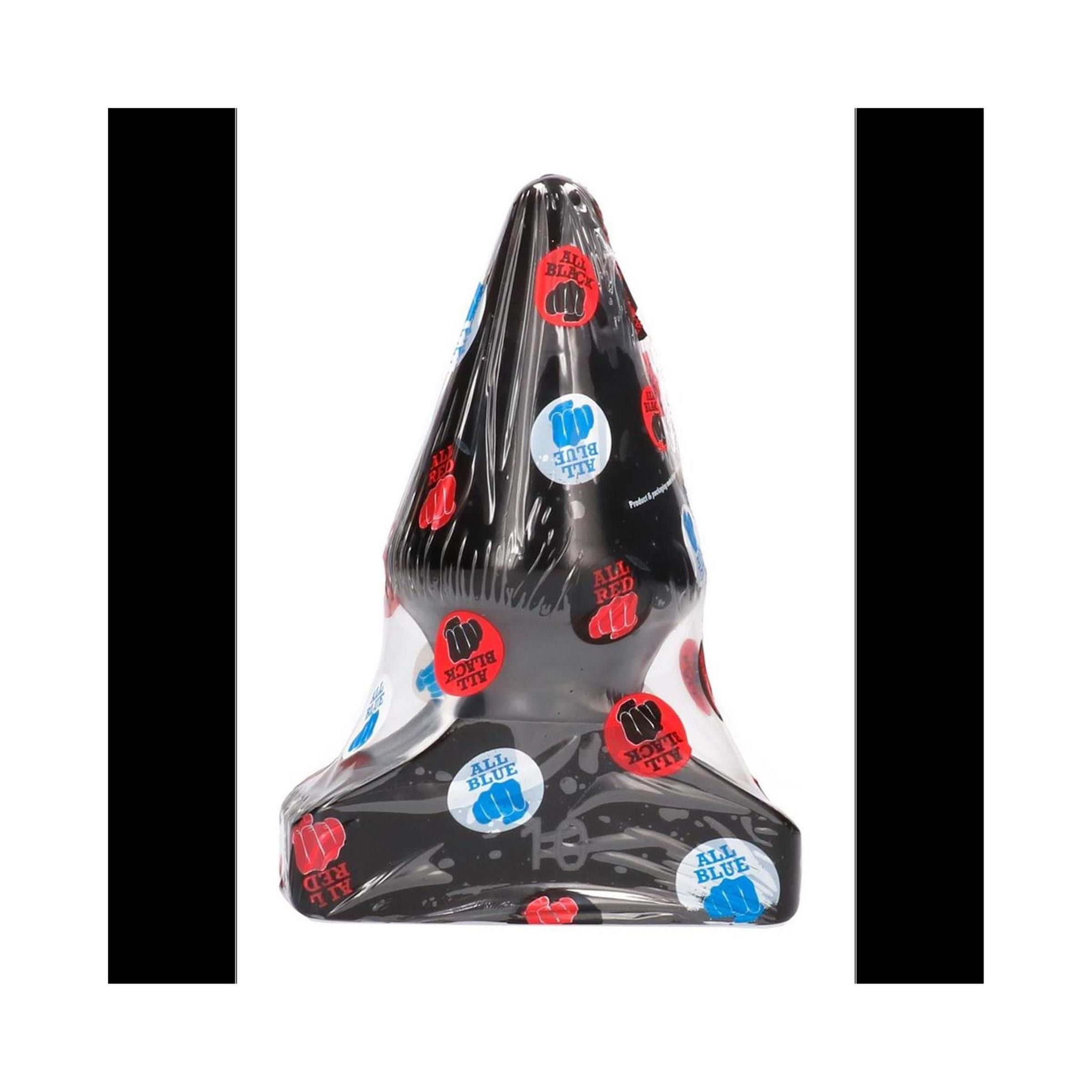Kegelvormige anale plug in zwarte verpakking met rode en blauwe stickers.