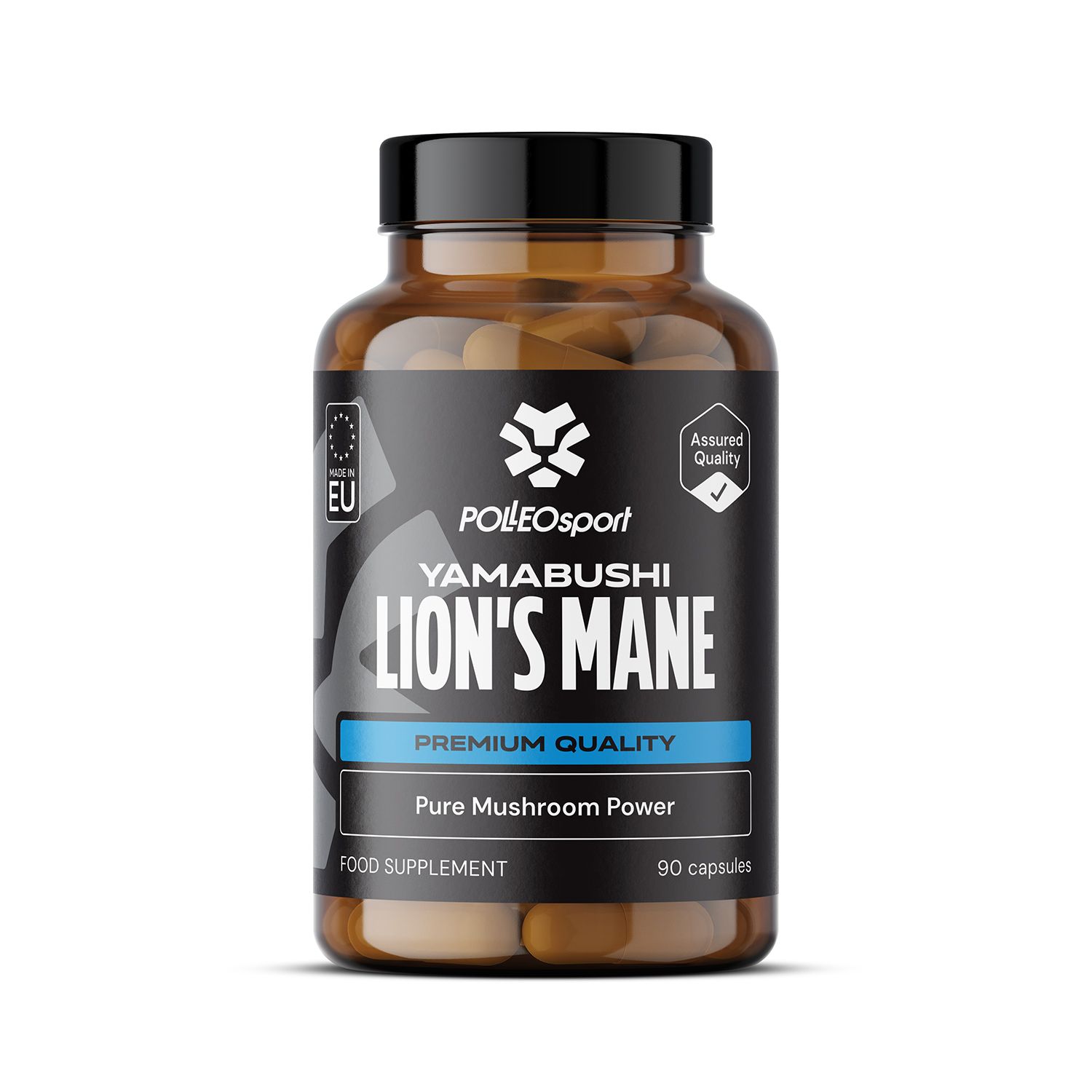 Flacon brun contenant des gélules. Inscription : POLLEOsport YAMABUSHI LION'S MANE, Premium Quality, Pure Mushroom Power, 90 capsules. Label UE.