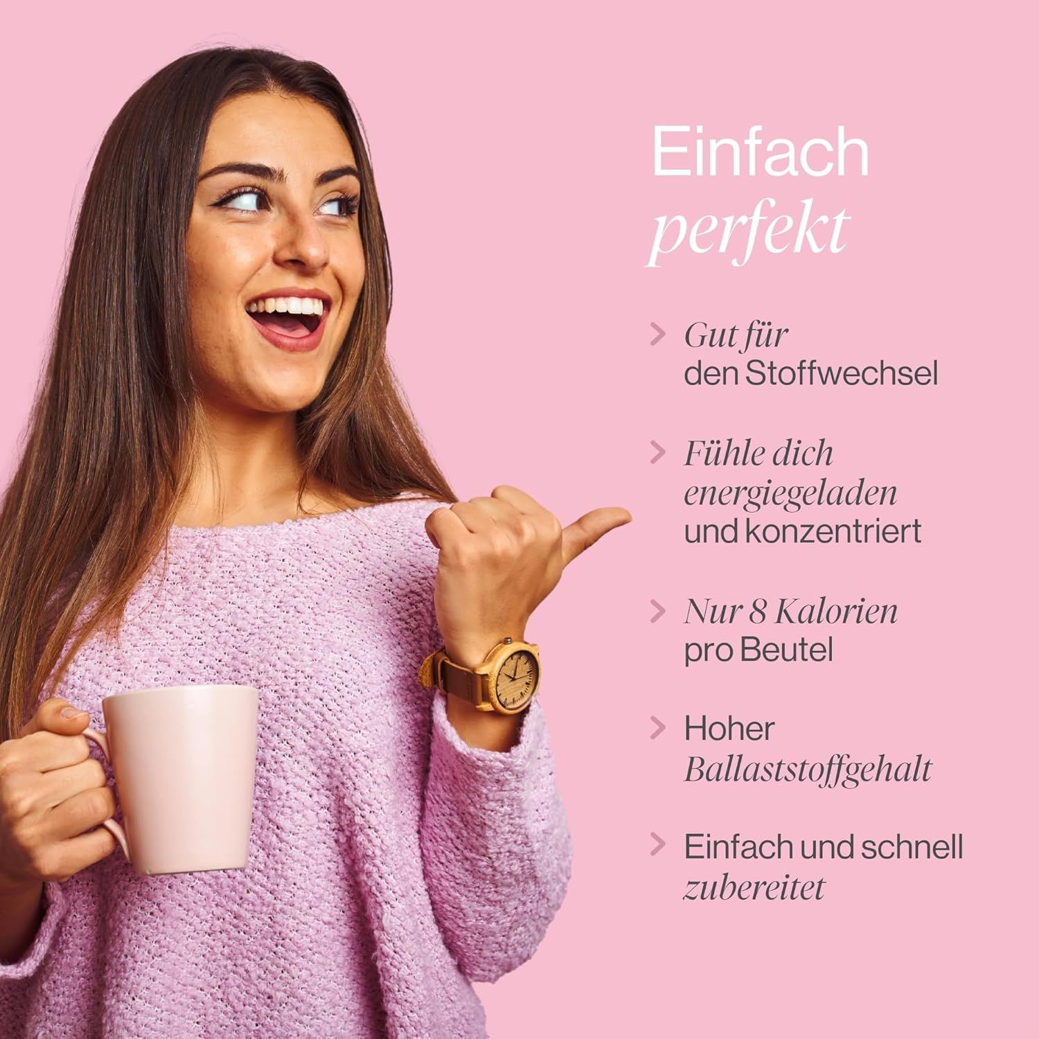 Femme avec tasse. Texte: Bon pour le métabolisme, énergique, 8 calories, riche en fibres, préparation rapide.
