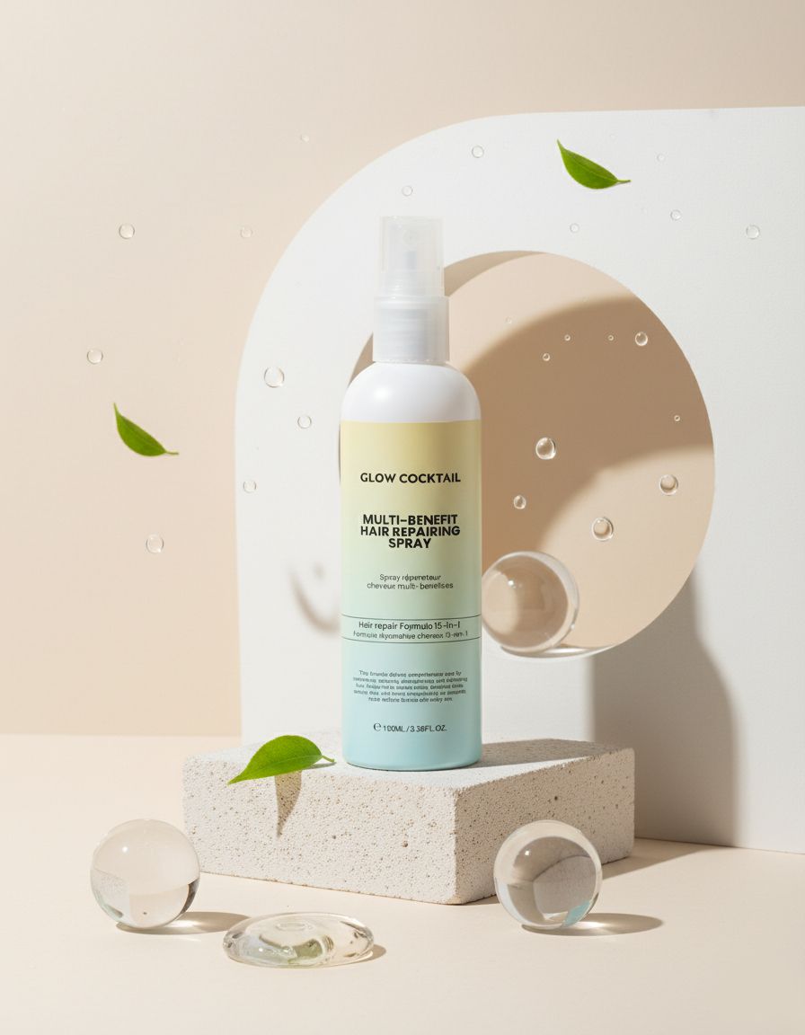 Glow Cocktail Multi-Benefit Haarreparatiespray op een stenen sokkel, omringd door glazen bollen en bladeren.