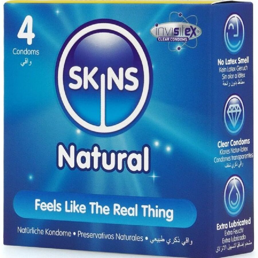 Boîte de 4 préservatifs SKINS Natural. Inscription "Feels Like The Real Thing". Informations sur les caractéristiques.