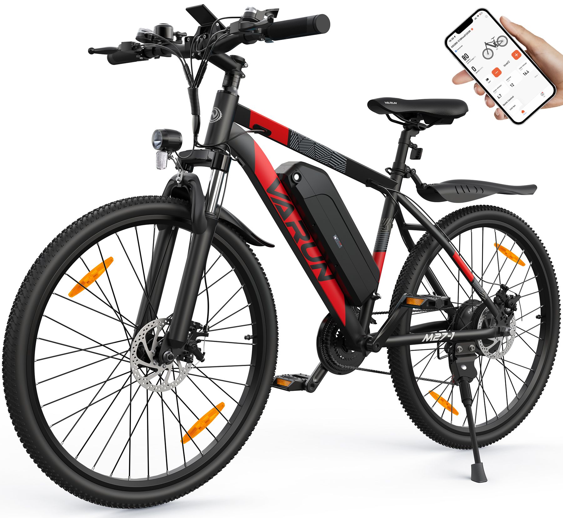 E-bike met rood frame, zwarte batterij en smartphone. Smartphone toont app-bediening. VARUN M27-1 Pro.