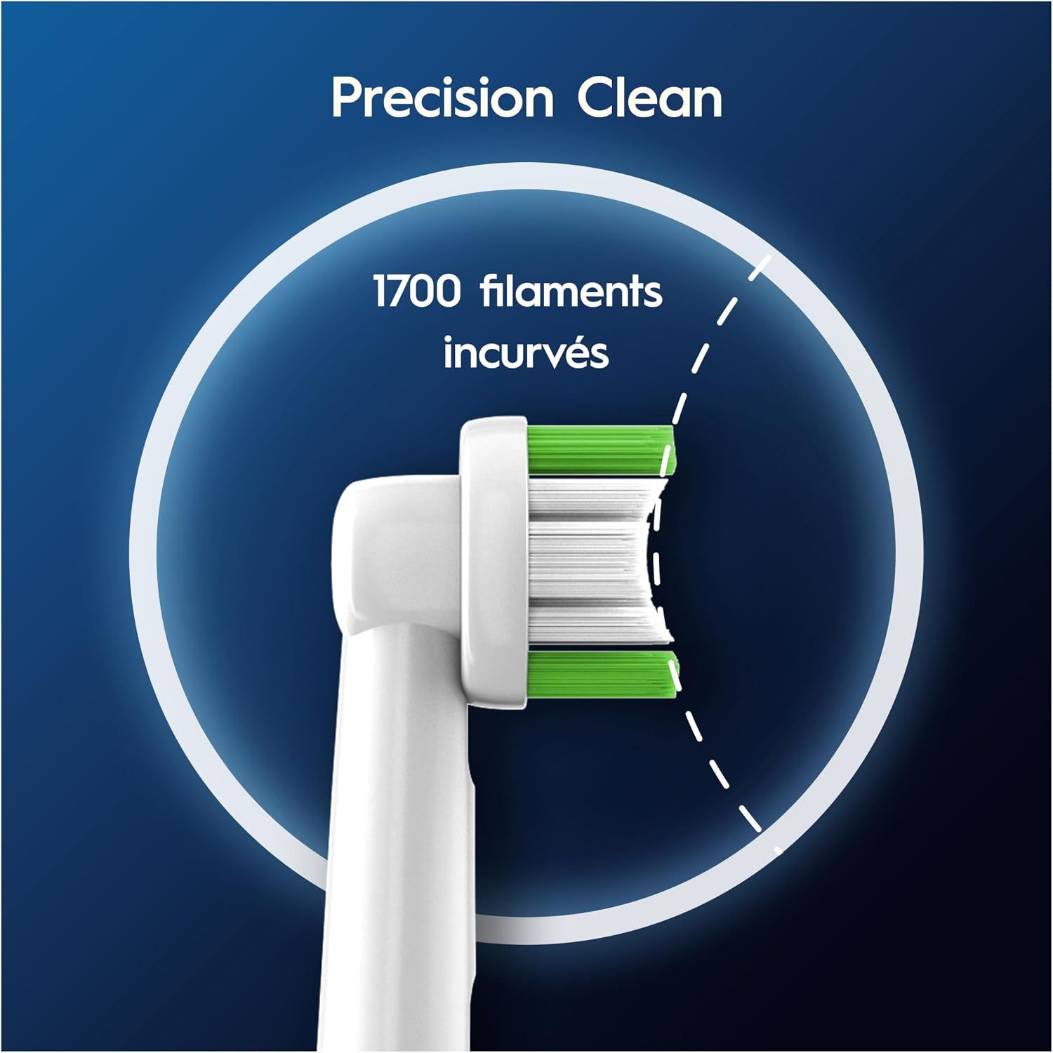 Tête de brosse à dents électrique avec 1700 filaments incurvés.