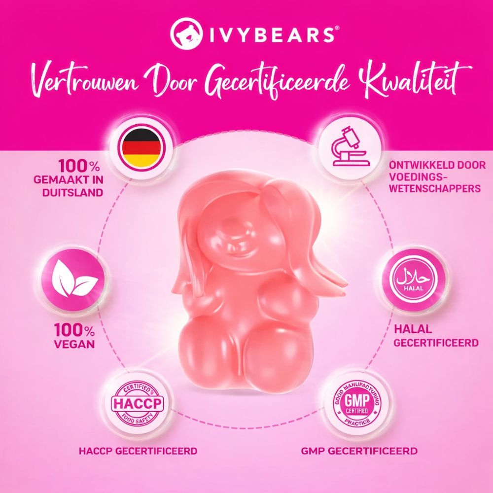 Roze gummyberen in de vorm van beren. Tekst: 100% Made in Germany, 100% Vegan, Halal gecertificeerd, HACCP gecertificeerd, GMP gecertificeerd.