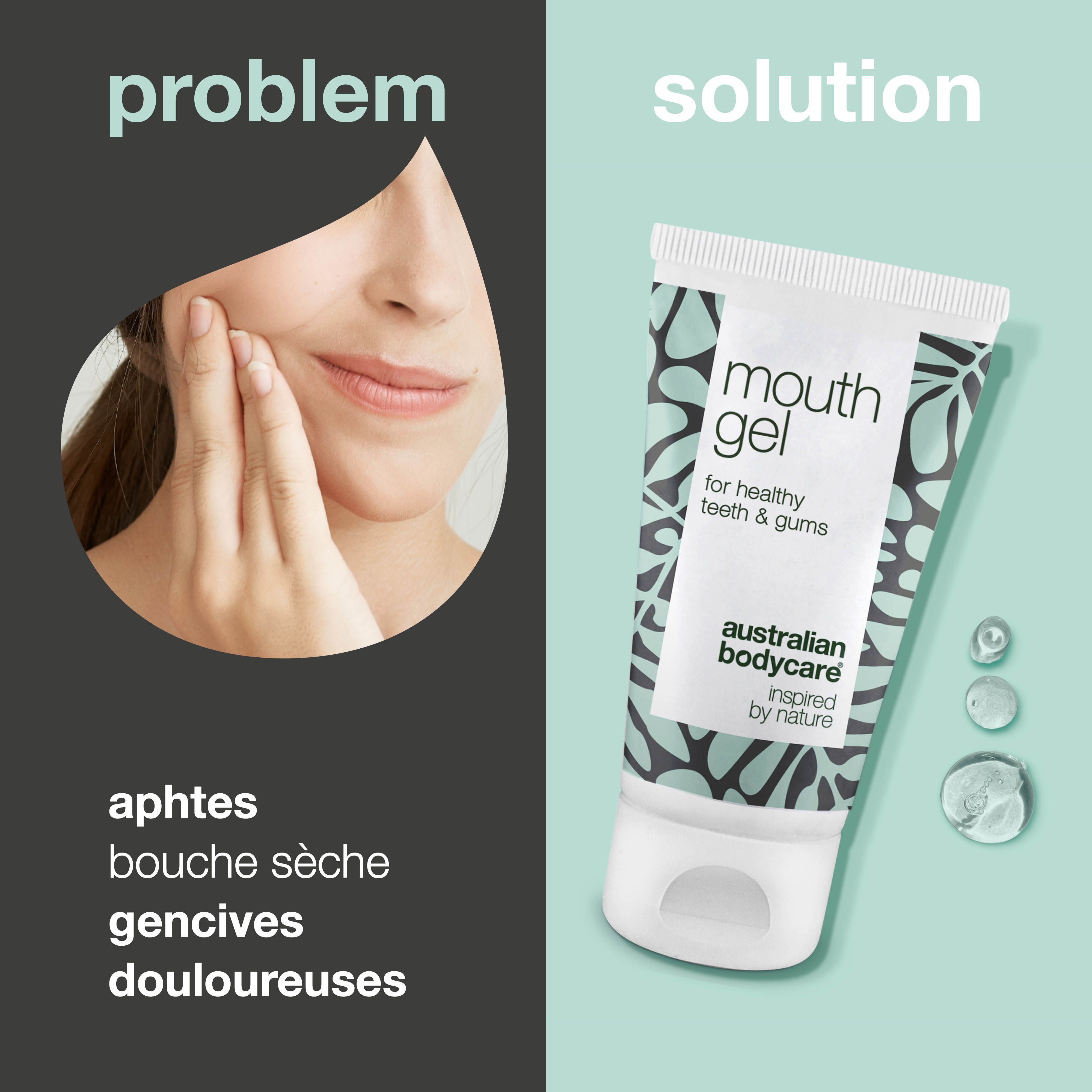 Image publicitaire : problème et solution. Tube de gel buccal. Texte : mouth gel, Australian Bodycare.