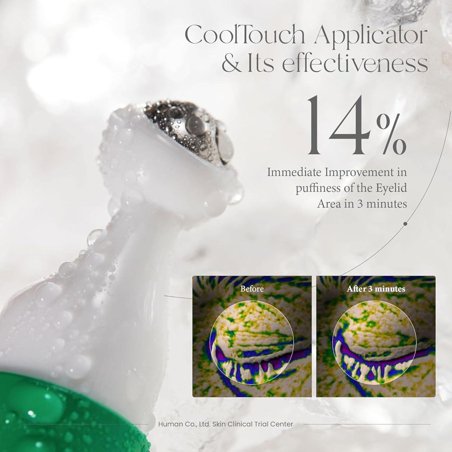 Gros plan de l'applicateur. Texte : 14% d'amélioration des poches en 3 minutes. Images avant/après.