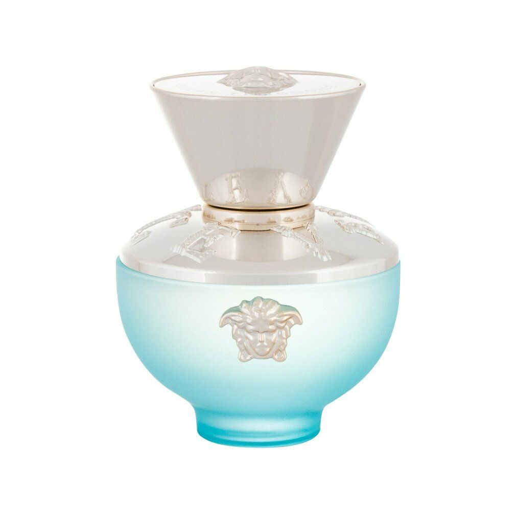 Flacon Versace Dylan Turquoise Eau de Toilette avec bouchon argenté et logo Méduse.