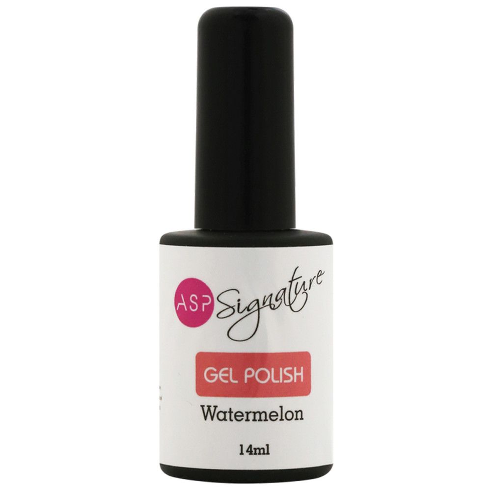 Flacon de vernis à ongles avec bouchon noir. Étiquette "ASP Signature Gel Polish Watermelon 14ml".
