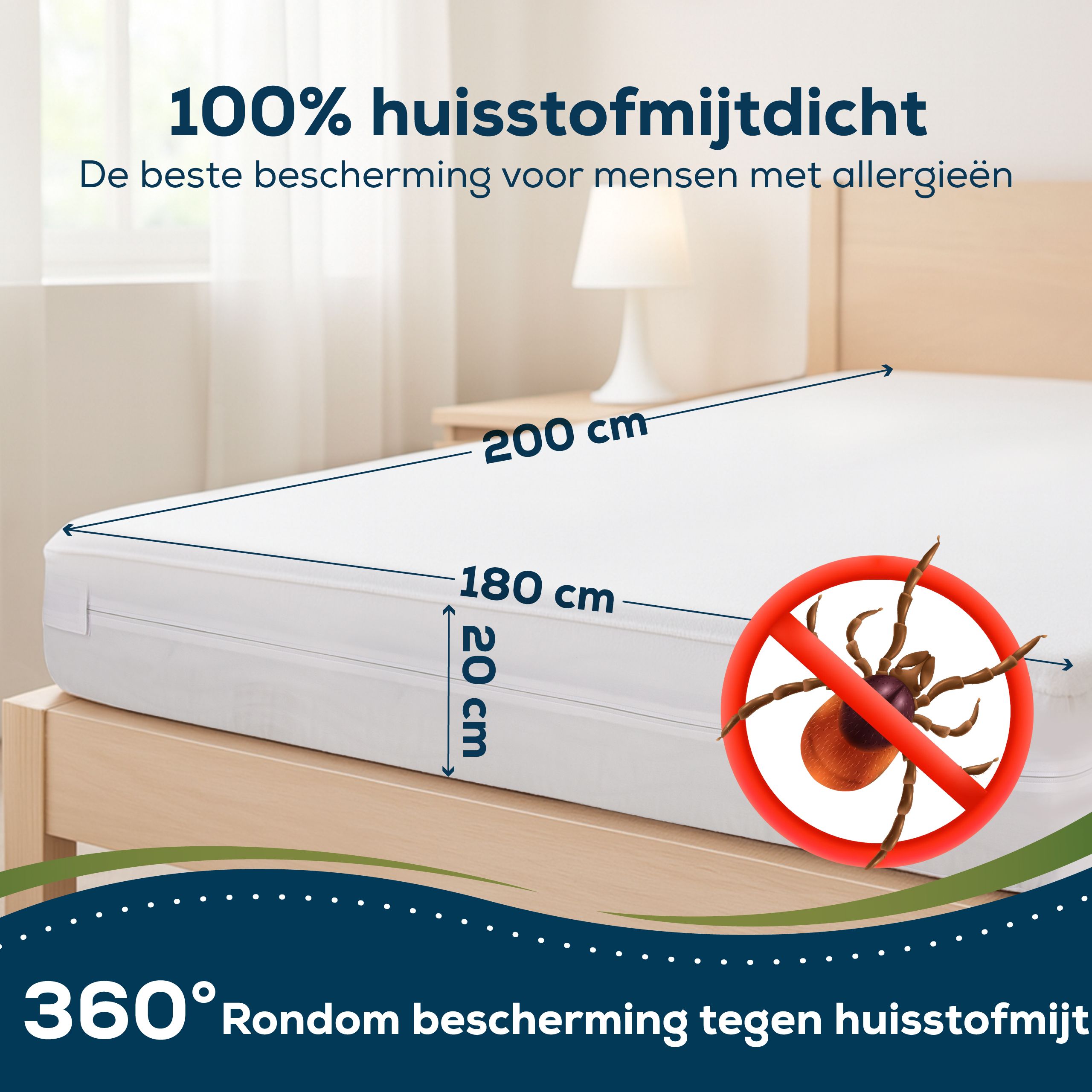 Wit matrasbeschermer met afmetingen 200x180x20 cm. Toont een verbodsbord voor huisstofmijt.
